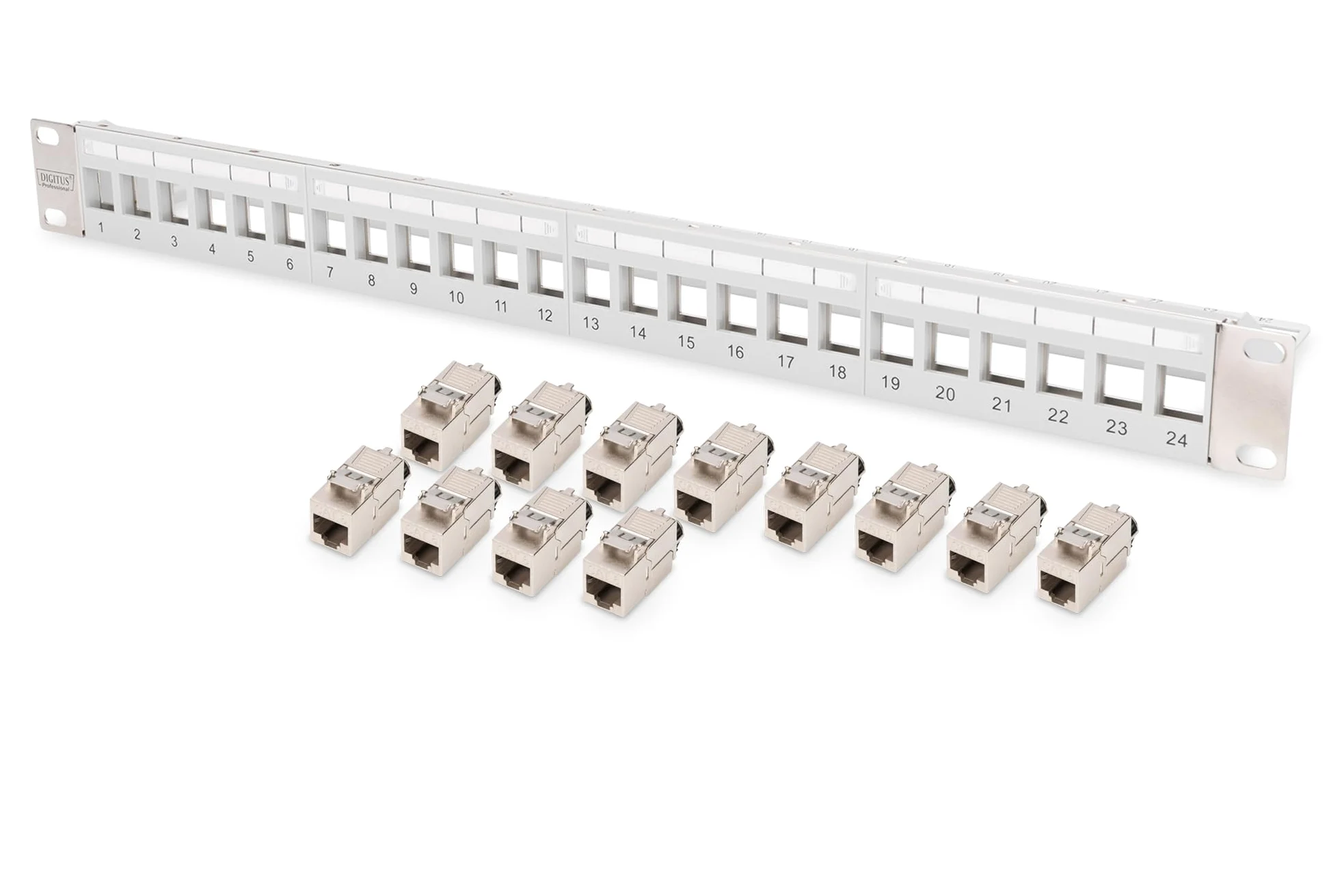 DIGITUS Set: Panneau de Brassage - modulaire - 19 Pouces - 24 Ports - blindé - Montage en Rack 1U - Gris - avec 12x Module Keystone Cat8.1