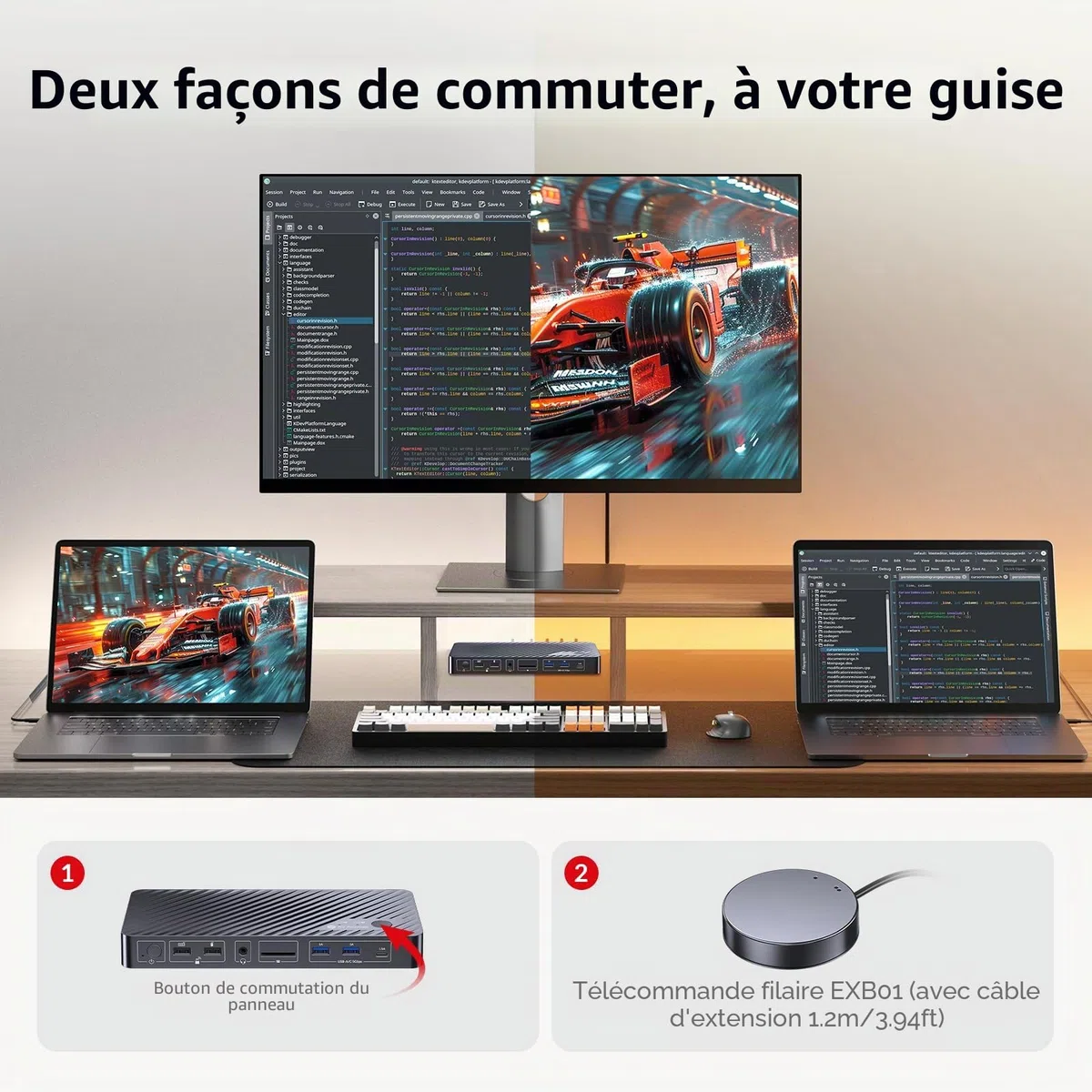 AV Access Station d'accueil KVM Double Écran pour 2 PC - Commutateur KVM 4K Dual Monitor, 100W PD par PC, Ethernet 1G, Émulation EDID, Idéal pour Bureau à Domicile & Gaming
