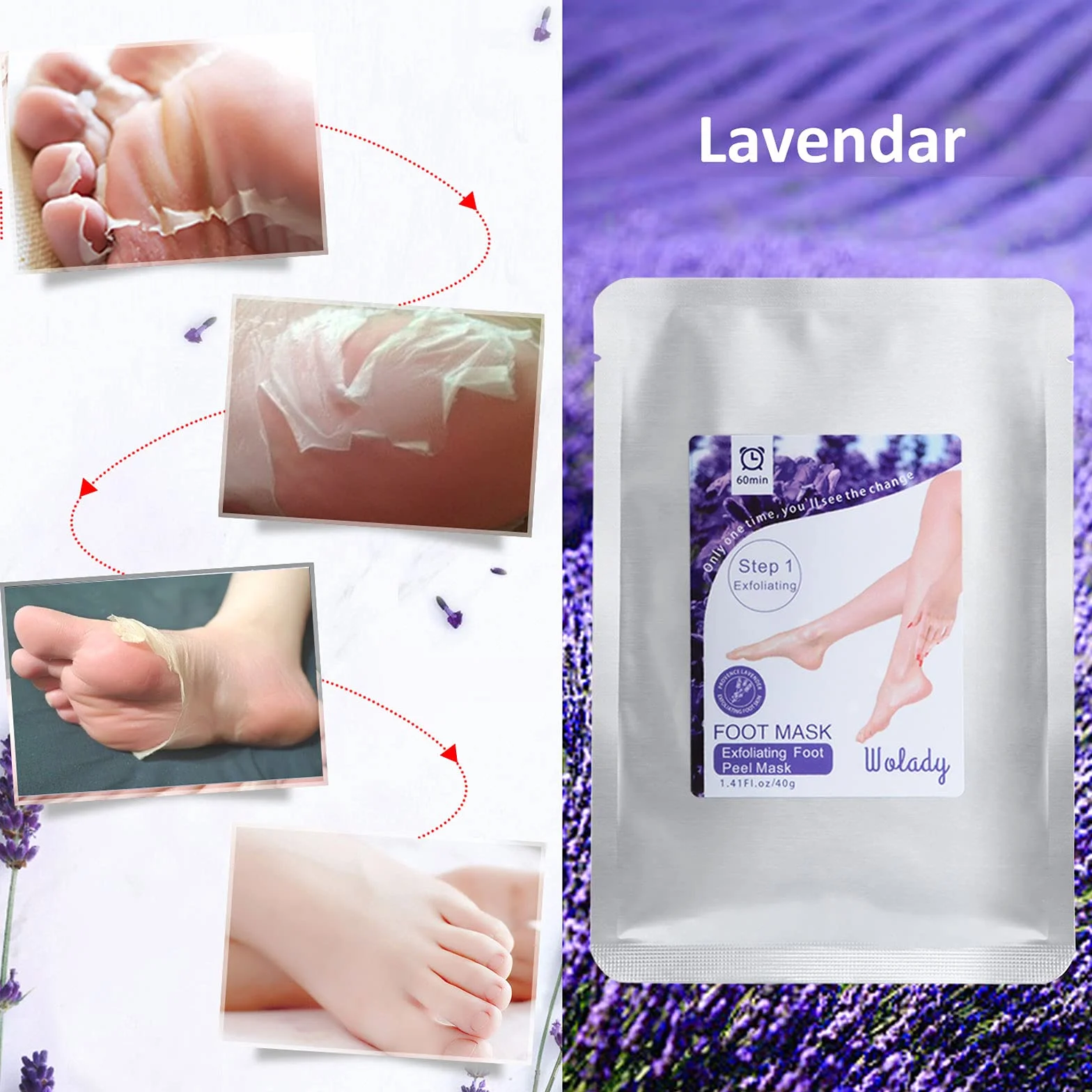 Wolady Masque Peeling Exfoliant Pieds Anti-Callosités Chaussette Hydratante 2 Paires Lavande Aloe Vera