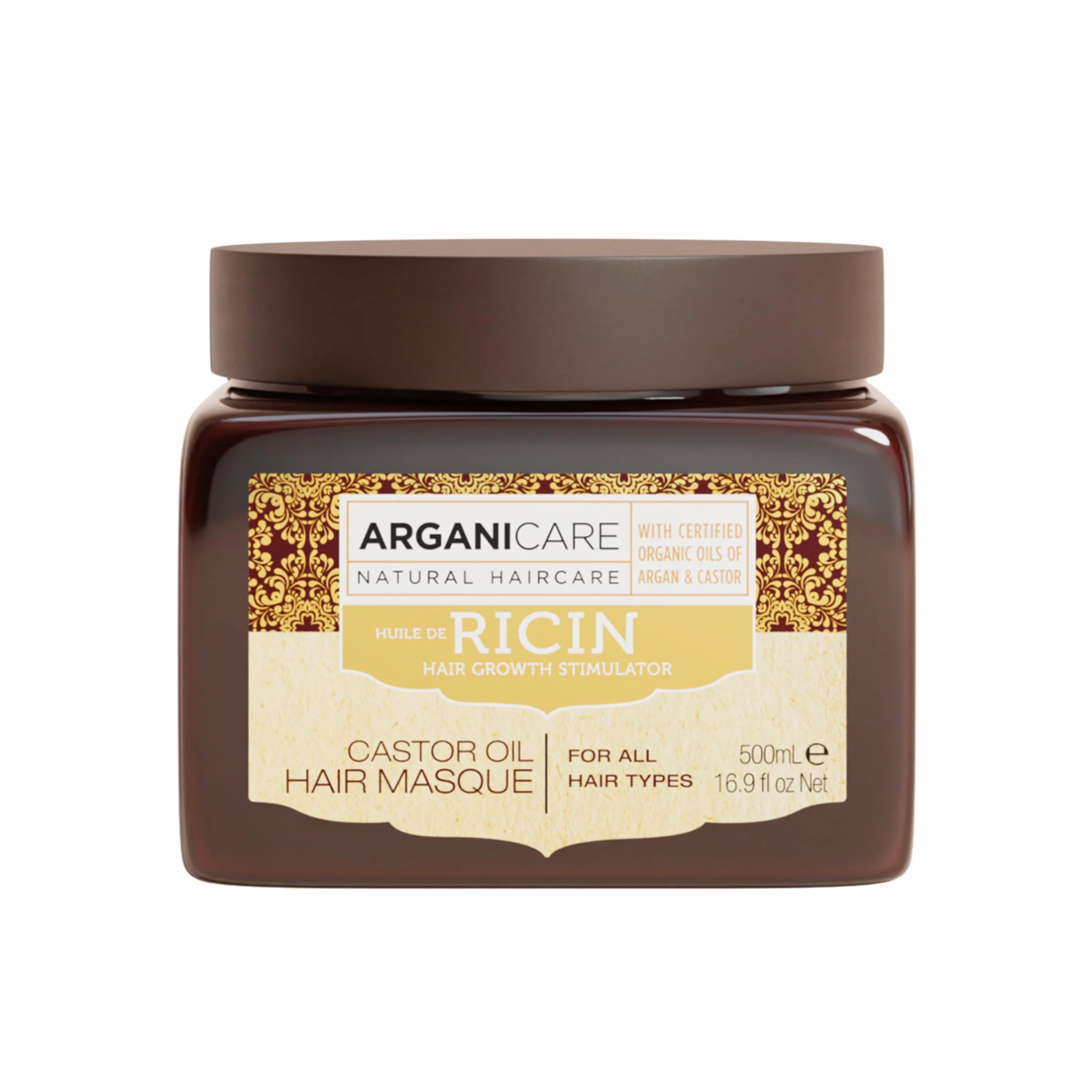 ARGANICARE Masque Cheveux Huile de Ricin Bio & Argan 500 ml – Soin Hydratant Réparateur Anti-Casse pour Cheveux Secs et Abîmés