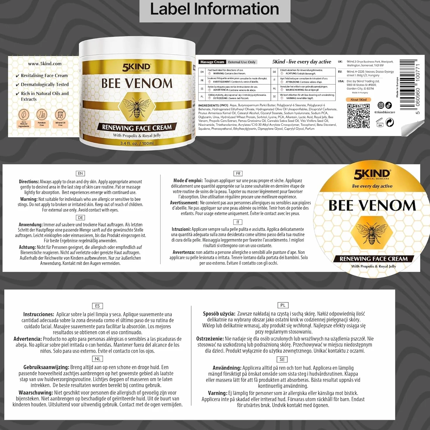 Crème Visage Régénérante au Venin d’Abeille 5Kind avec Propolis & Gelée Royale 100 ml - Crème Anti-Âge