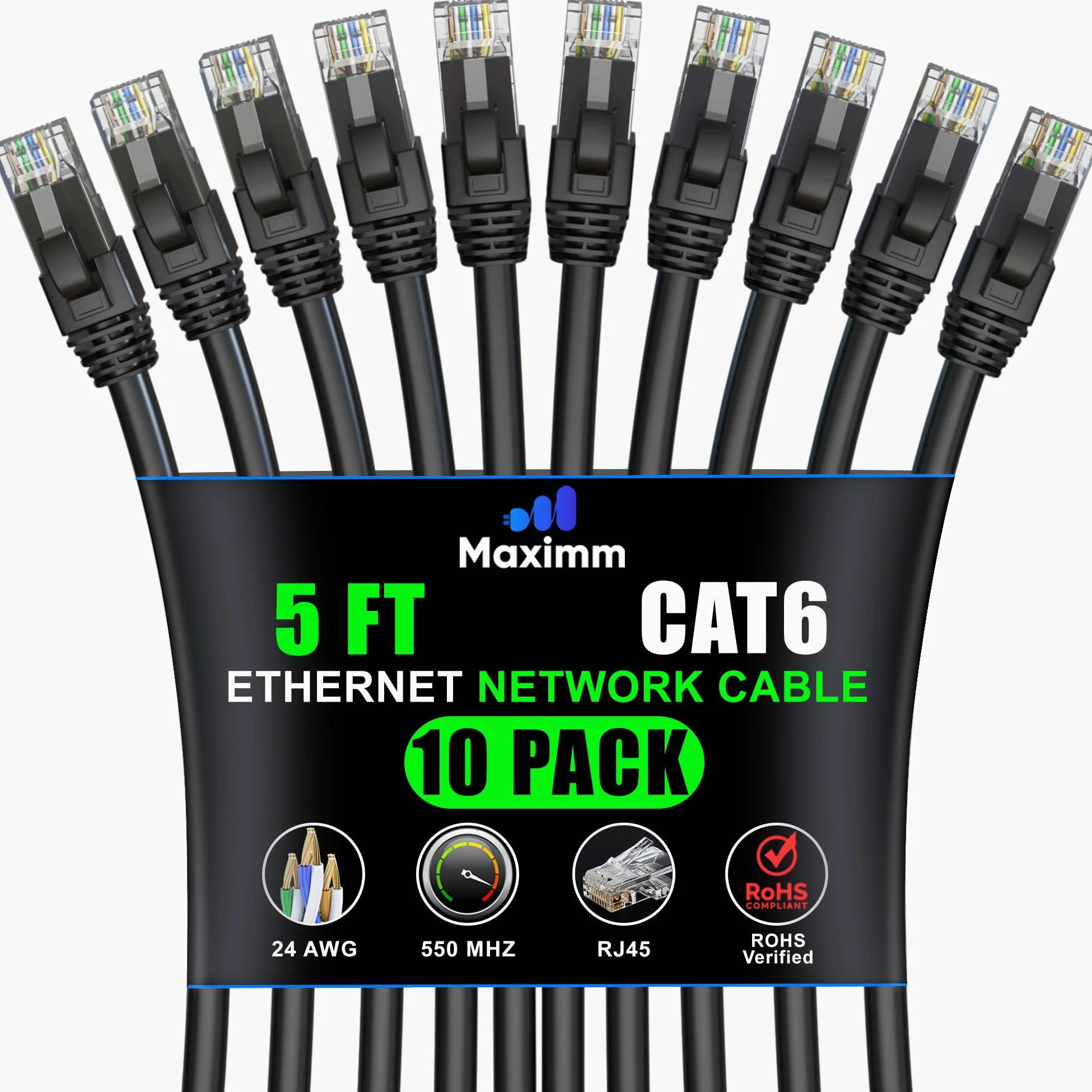 Maximm Lot de 10 câbles Ethernet Cat6 de 1,5 m, cordon UTP 10 Gbit/s 550 MHz noir
