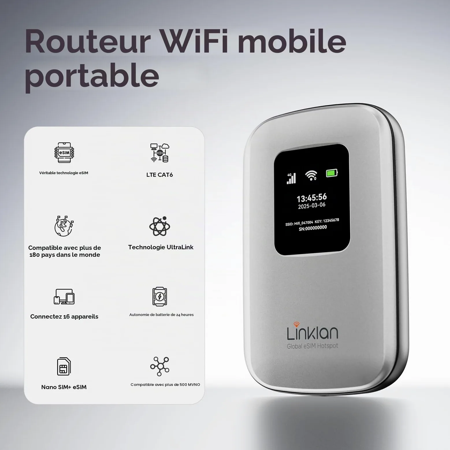 Hotspot mobile portable - eSIM Global WiFi Hotspot, aucune carte SIM/contrat nécessaire, 16 appareils, plus de 180 pays, routeur sans fil compact pour les voyages internationaux et d'affaires 【15