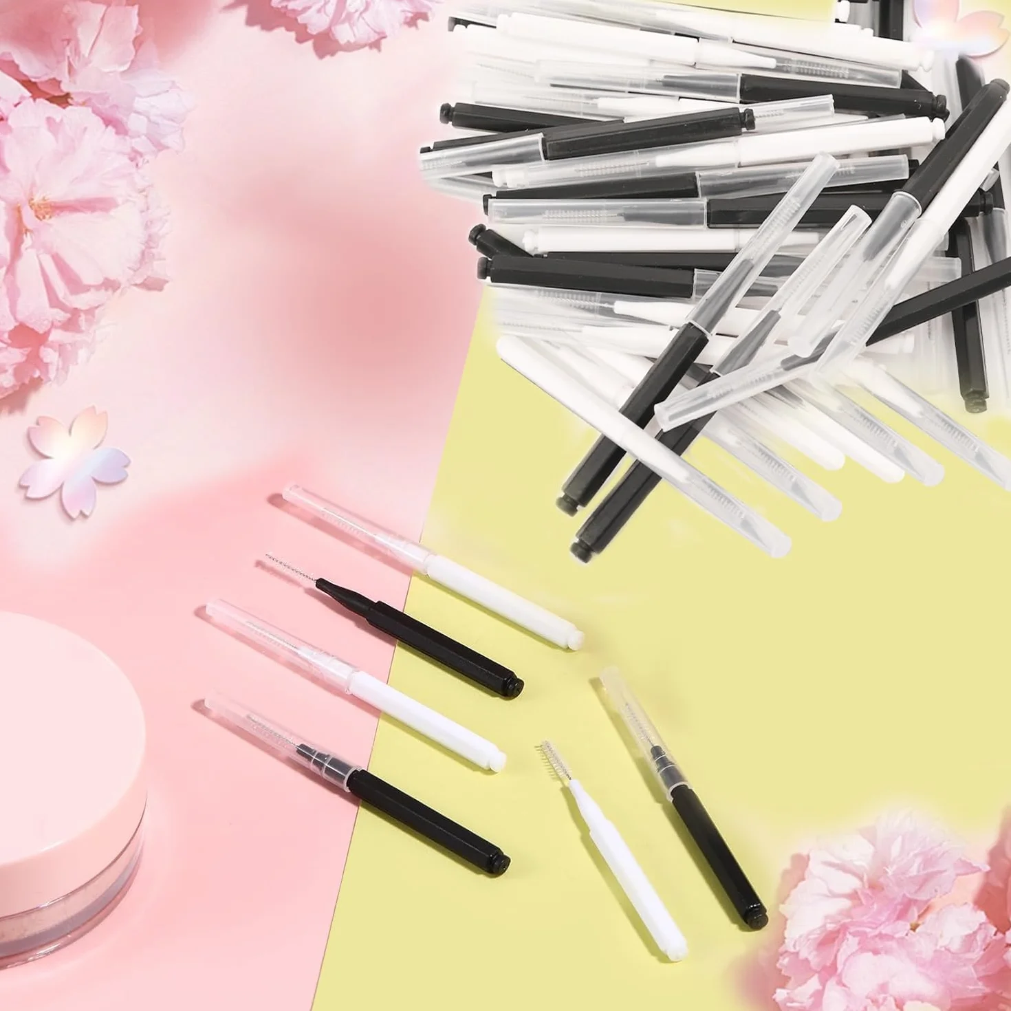 Lot de 60 micro-brosses à sourcils | Brosse à cils avec capuchon | Mini-brosse à cils pour extensions de cils (noir, blanc)