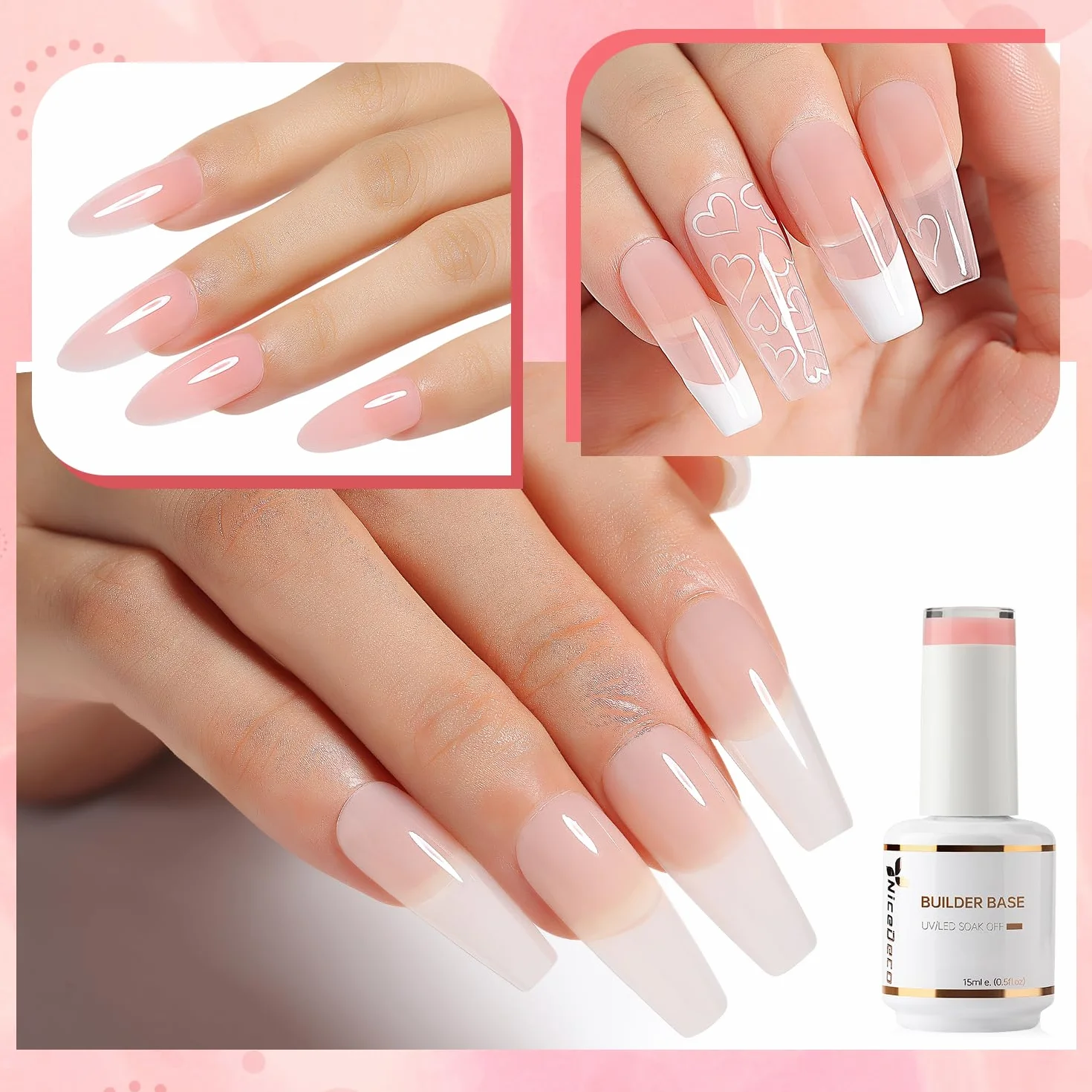 Nicedeco 15ml Gel Construction Ongle UV 8 en 1, Gel Builder Base de Renforcement, Rose Nu