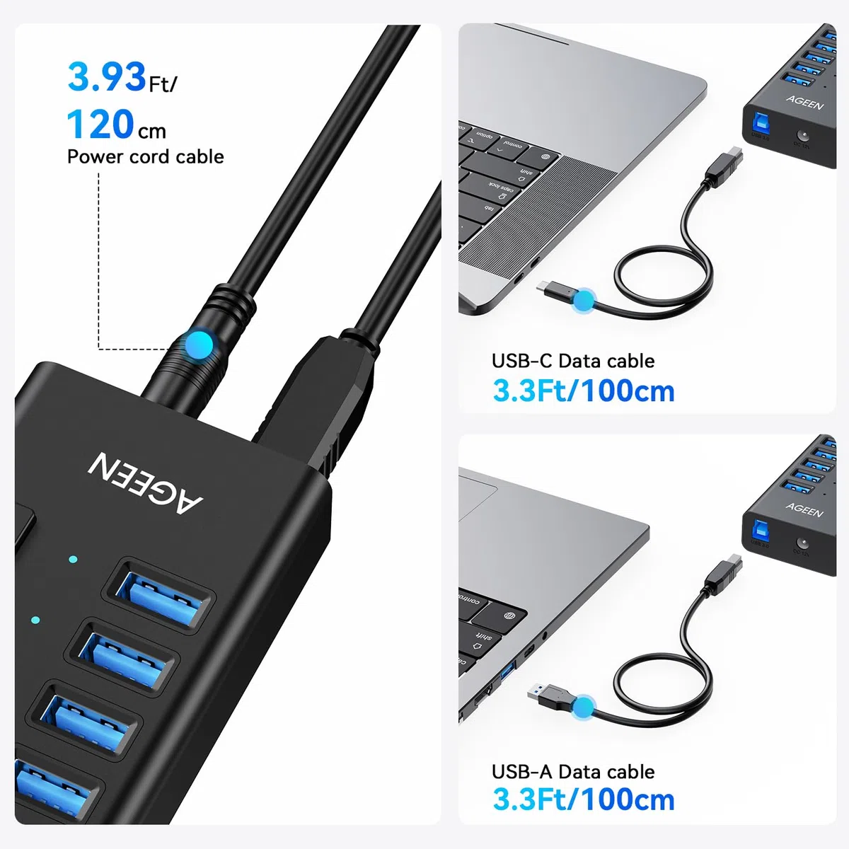 Hub USB 3.0 avec alimentation, répartiteur de hub USB C à 16 ports, 16 USB-A 3.2 10 Gbit/s avec commutateurs individuels, adaptateur d'alimentation certifié UL 12 V 8 A 96 W pour ordinateur portable