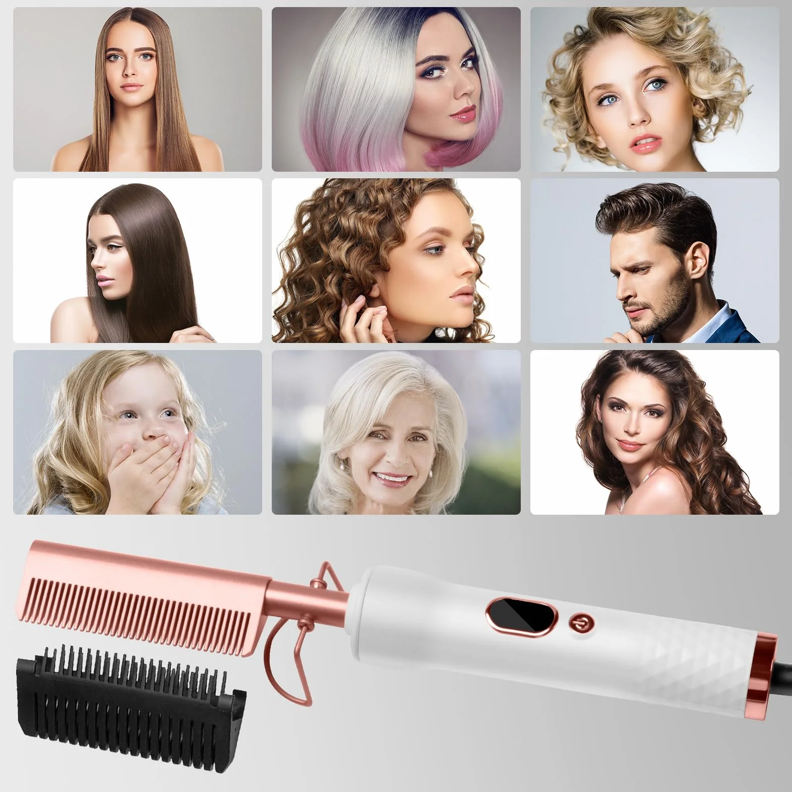 Peigne Chauffant Hot Comb Afro Brosse Chauffante Peigne Electrique 3 en 1 Homme Écran LCD 120-230℃ Lissant Cheveux Court Longs