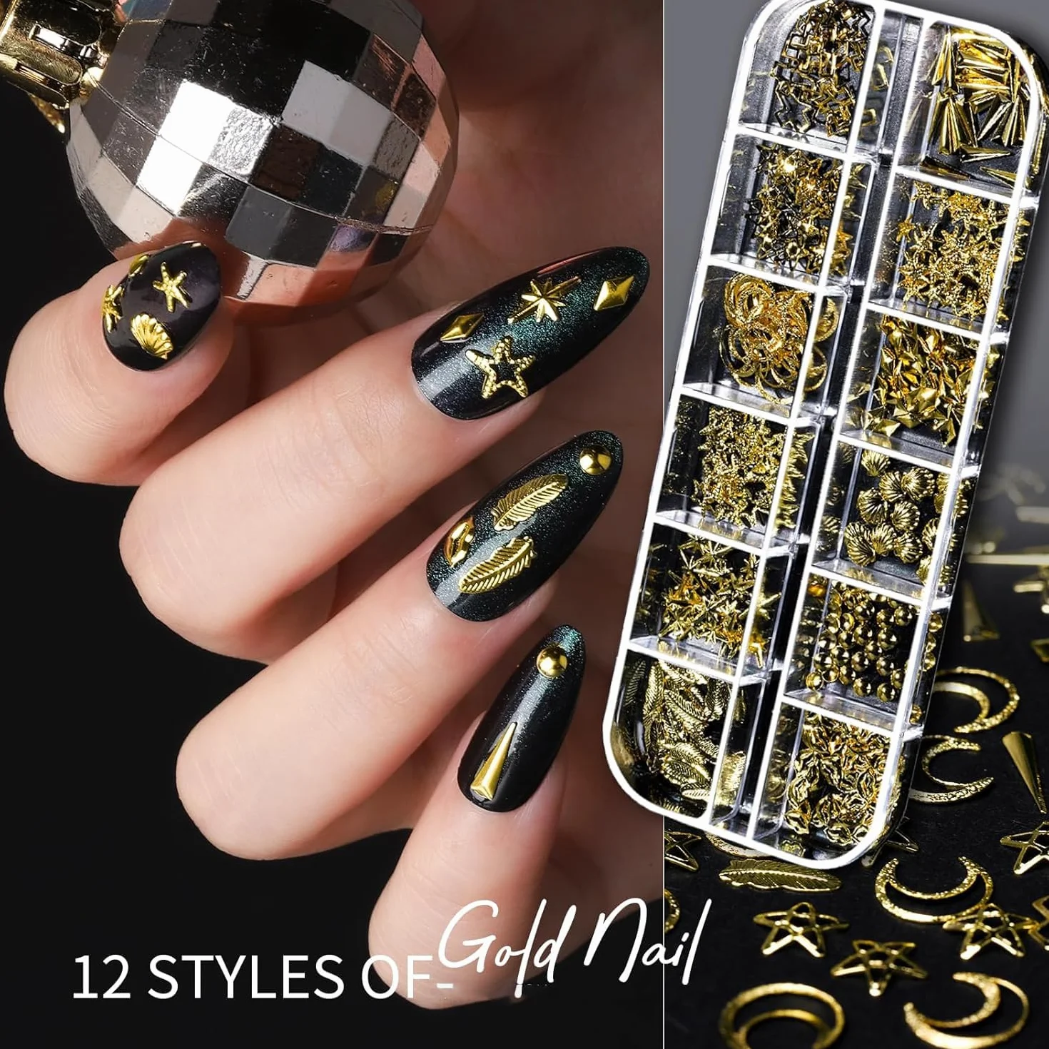 Lot de 6 boîtes de breloques pour ongles 3D - Or et argent - Étoile - Décoration d'ongles - Alliage