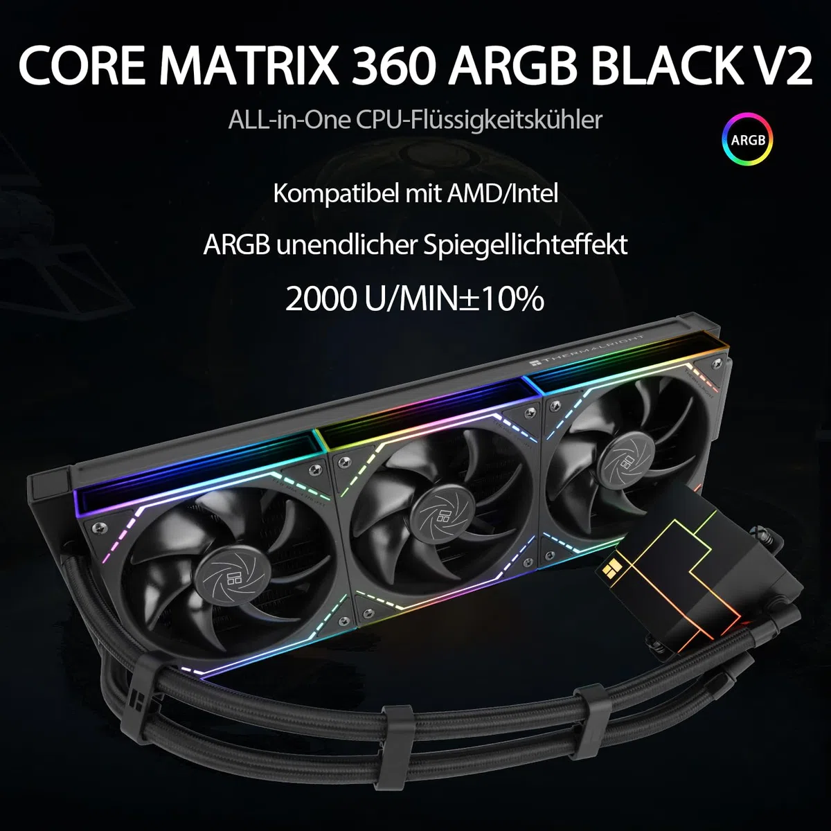 TR-Thermalright Core Matrix 360 ARGB Black V2 Refroidisseur liquide pour processeur 360 mm Aio, ventilateur de connexion modulaire sans fil 2000 tr/min, pour AM5, Intel LGA1851/1700/115x/1200