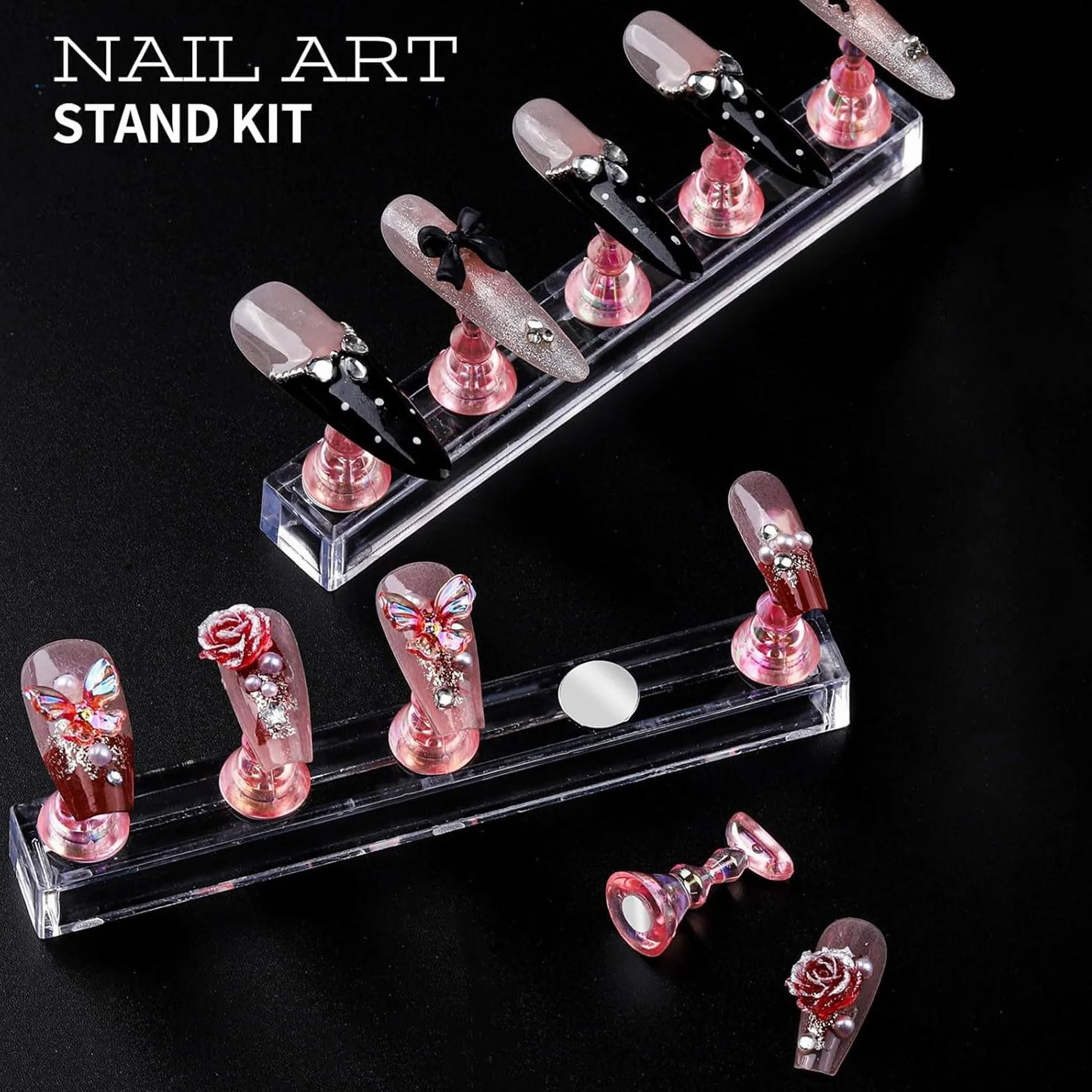 Kit Nail Art avec 5 Boîtes de Charms 3D Strass, 15 Pinceaux, 5 Outils de Pointage, 2 Supports de Vernis