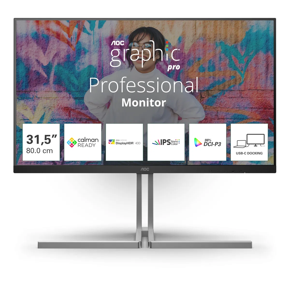 AOC Moniteur U32U3CV 32 Pouce 60Hz Nano IPS Dalle, 4ms GtG, VESA HDR400 (Certified), Ajustable en Hauteur, Haut-parleurs, USB Hub(3840x2160 HDMI 2X 2.0 DP 1x 1.4) Noir/Argent