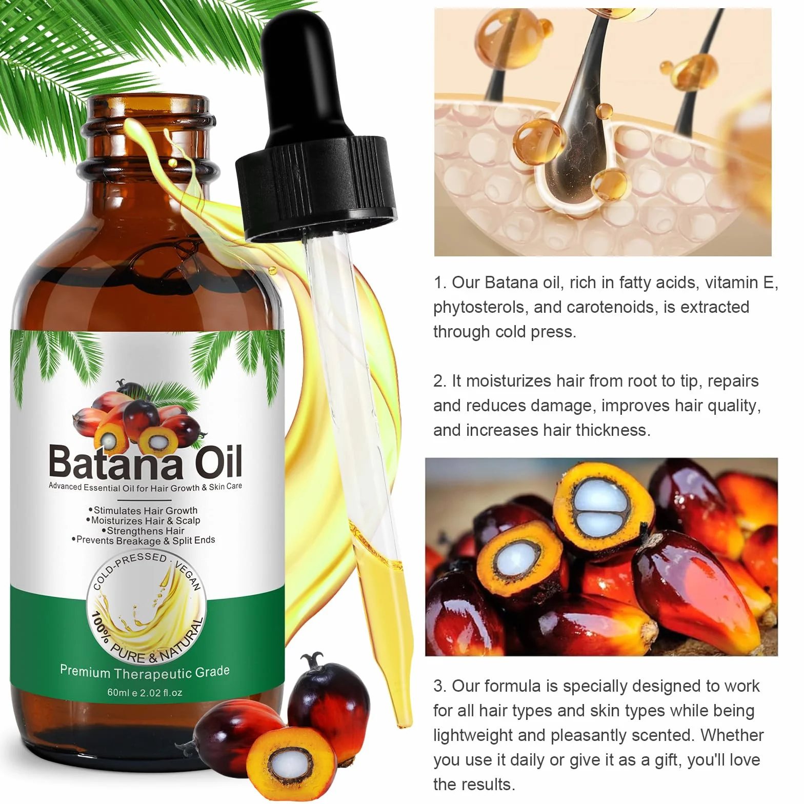 Huile de Batana Pure Pressée à Froid 60 ml pour Cheveux Croissance et Anti-Chute