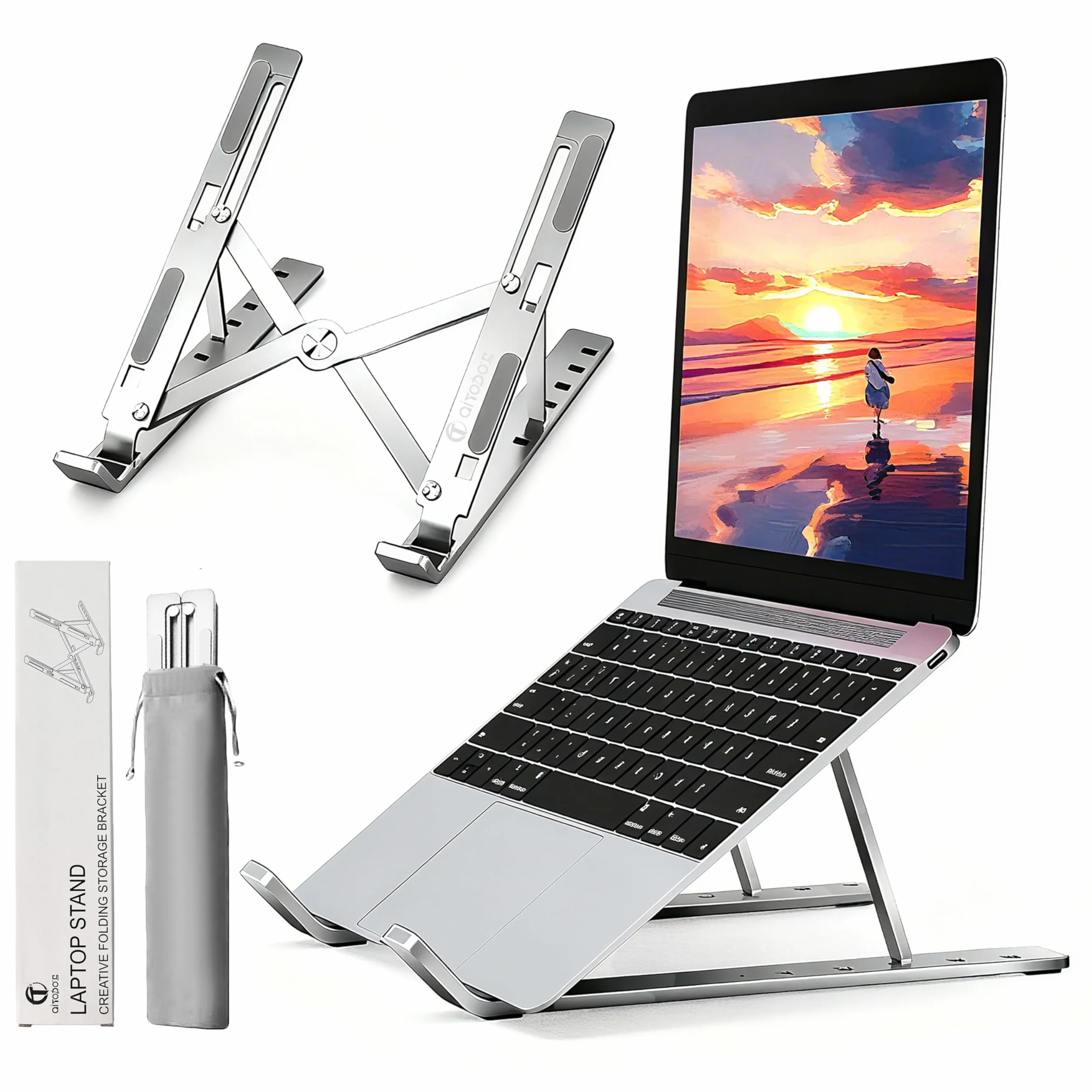 AiTodos® Support Ordinateur Portable Alliage Aluminium Léger Compact Pliable Réglage 6 Vitesses Argent