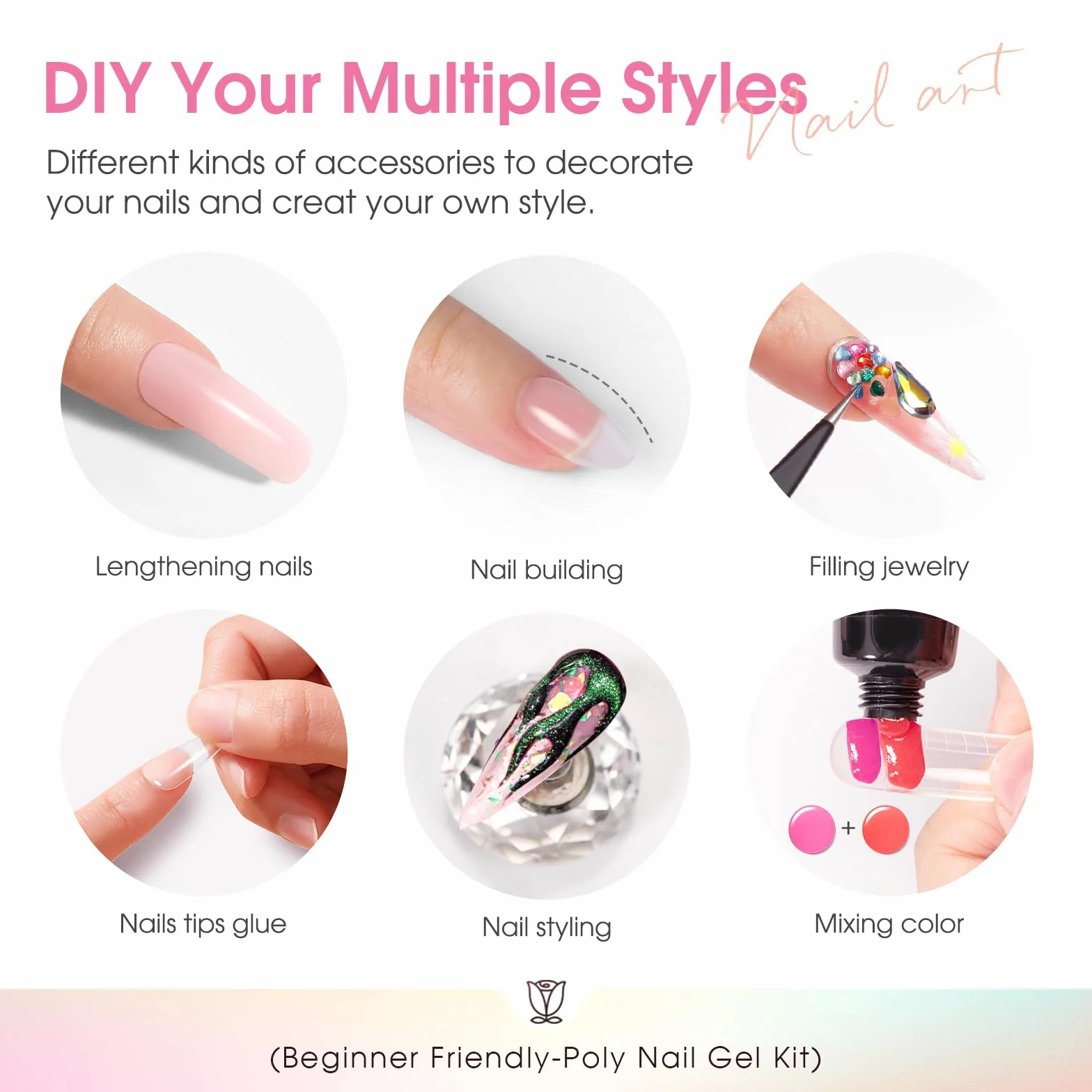 ROSALIND Acrygel Kit Complet Gel Extension d'Ongle 16 Couleurs 10 ml Lampe UV Base Top Coat Outils Manucure