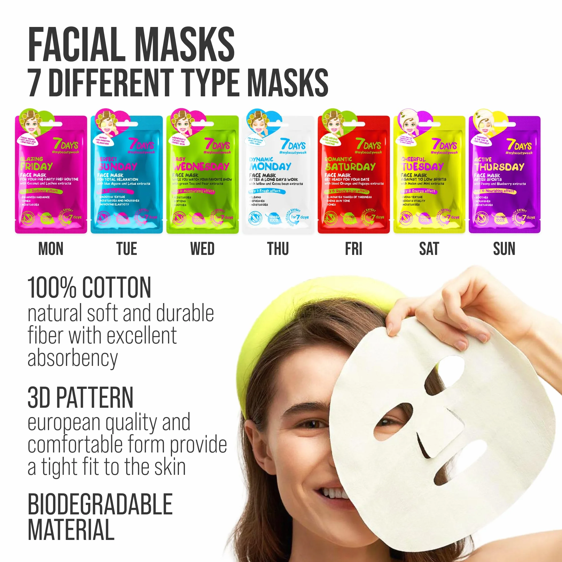 7Days Coffret Cadeau Masques en Feuille Hydratants Nourrissants Visage 7 Pièces