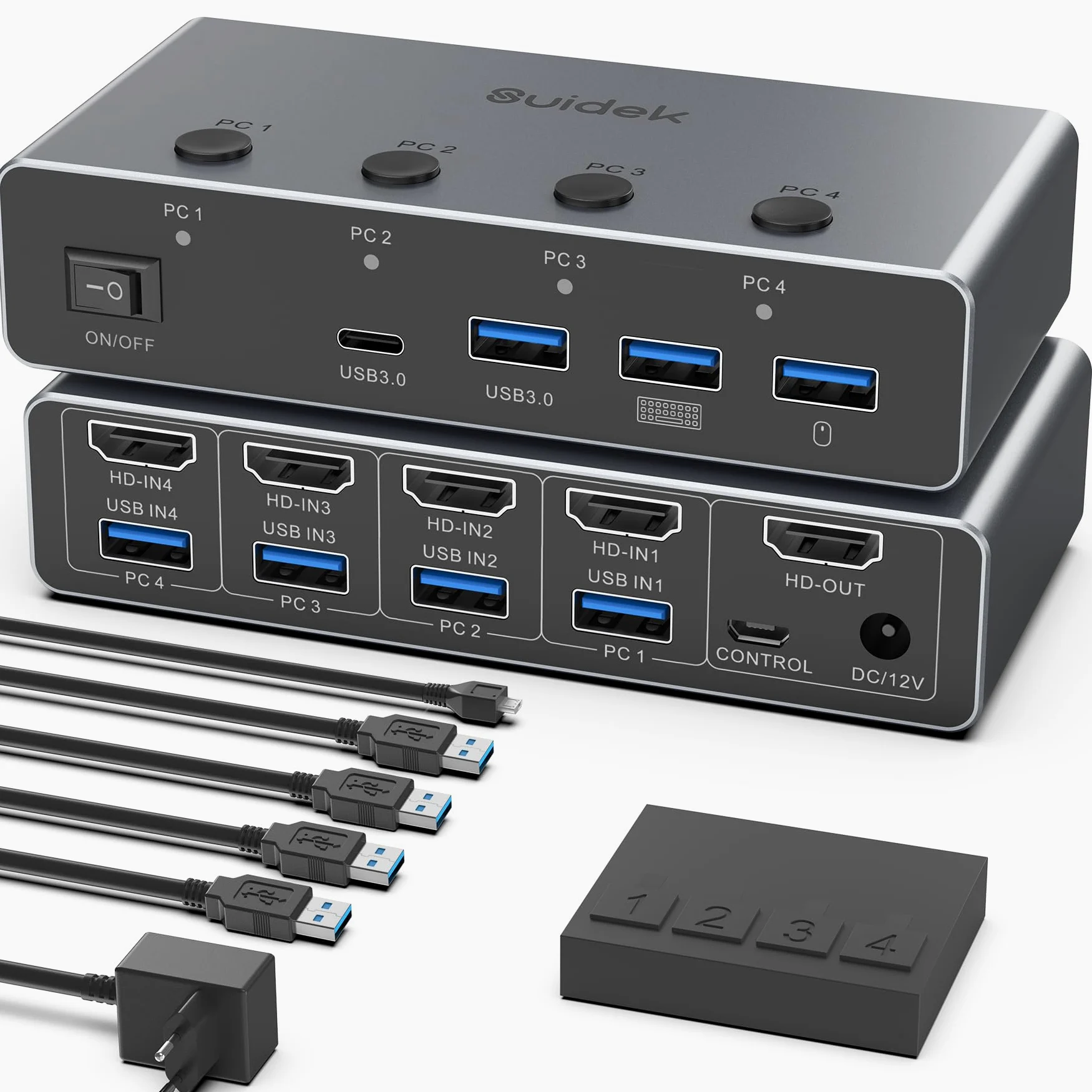 SUIDEK Commutateur KVM HDMI 8K@60Hz, 4 ordinateurs, 1 moniteur,4 ports USB 3.0 (3 A + 1C) Commutateurs KVM en aluminium, clavier et souris,Comprend 4 câbles USB, un contrôleur et un adaptateur secteur