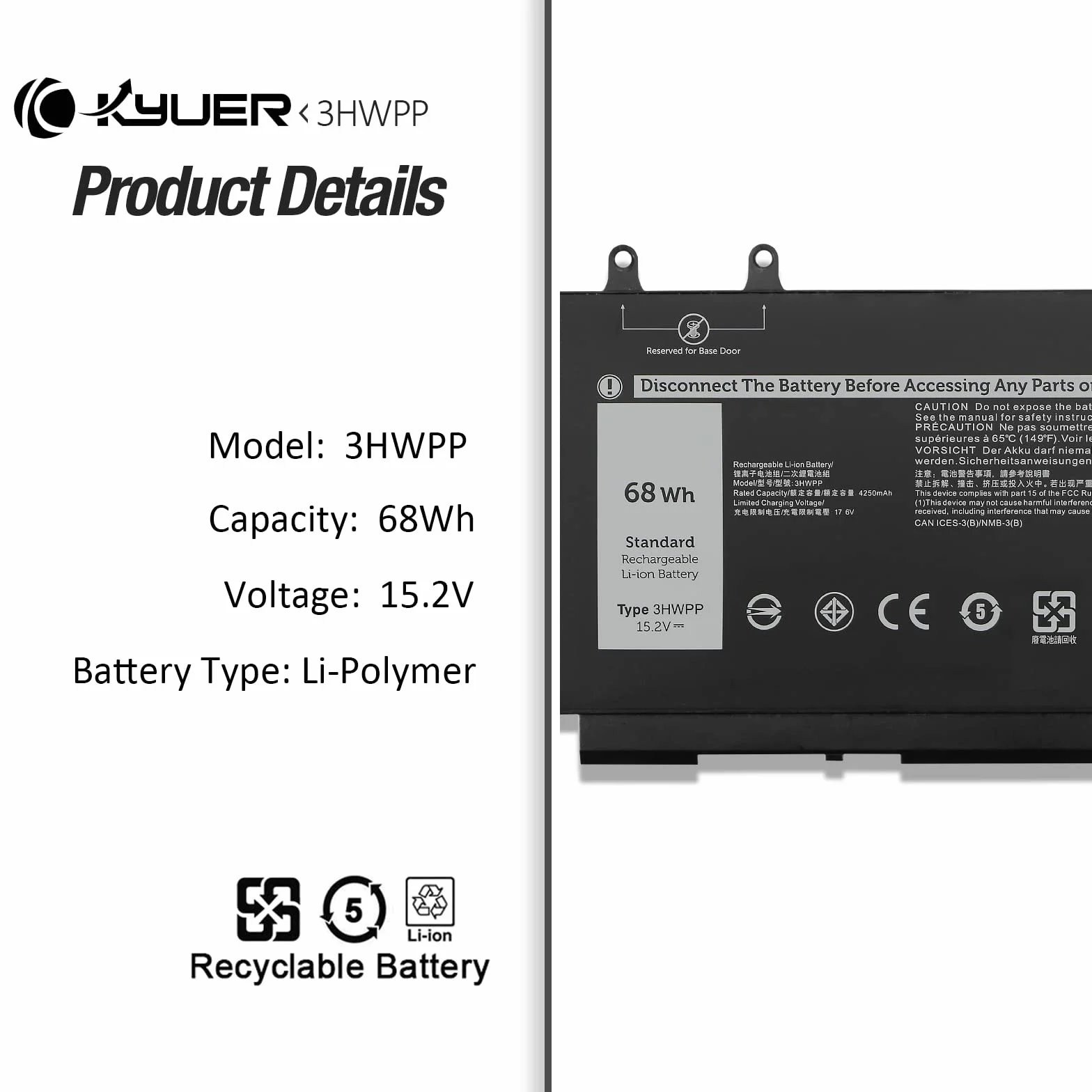 Batterie Dell Latitude 5401 5410 5411 5501 5510 5511 Precision 3541 3550 3551 Inspiron 7706 7500 7506 68Wh 3HWPP