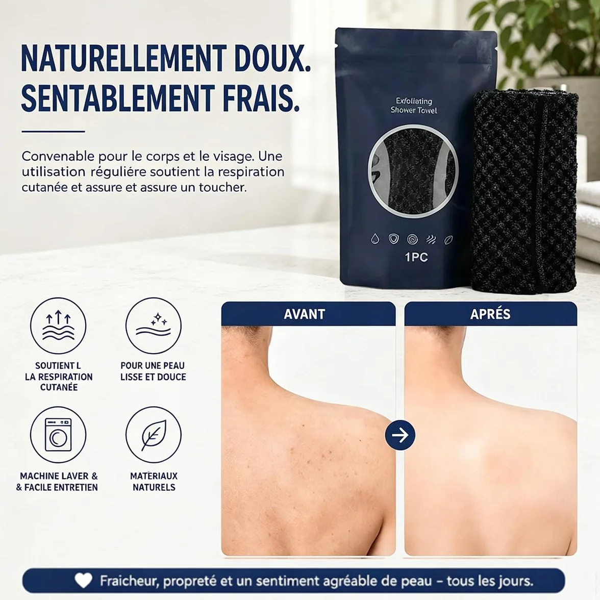 Ecovia Serviette Exfoliante Douce Corps Visage Lot 3 Couleurs Noir Rose Bleu
