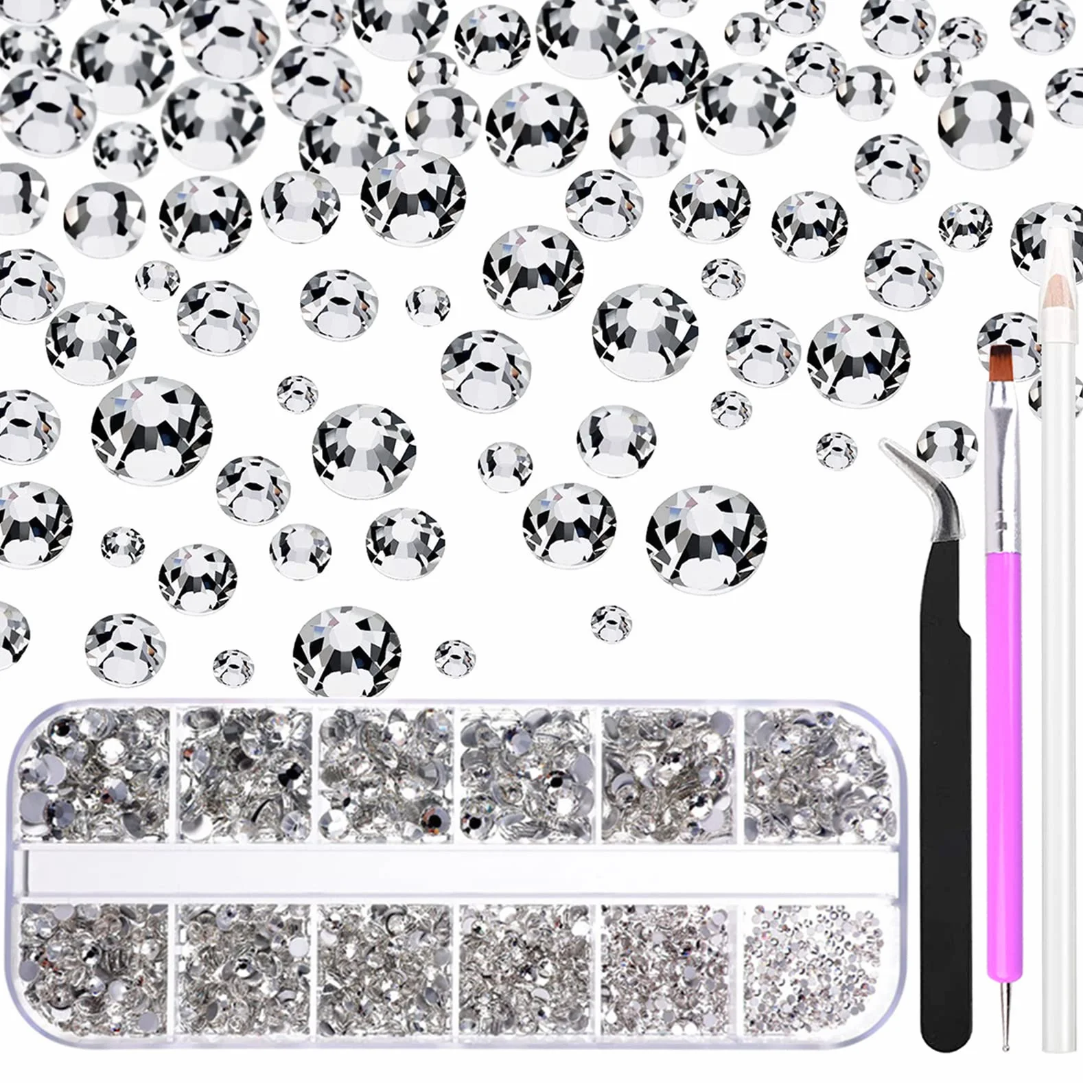 FITDON 3200 Pièces Strass Transparent Dos Plat pour Nail Art Verre Cristal Gemmes Ongles Diamant Clair