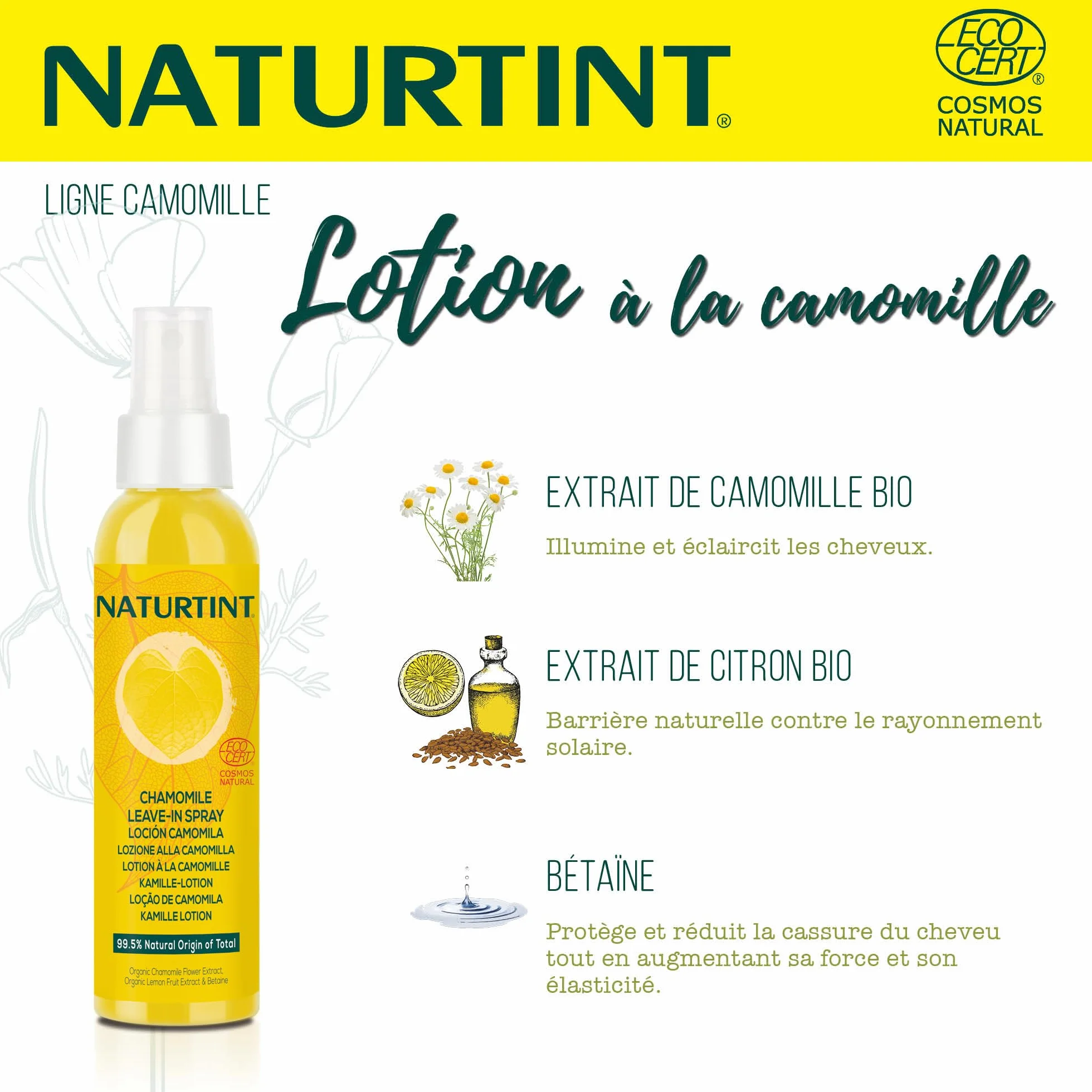 Naturtint Loción de Camomila Aclara Cabello Reflejos Dorados Protector Solar ECOCERT 99,5% Ingredientes Naturales 125ml