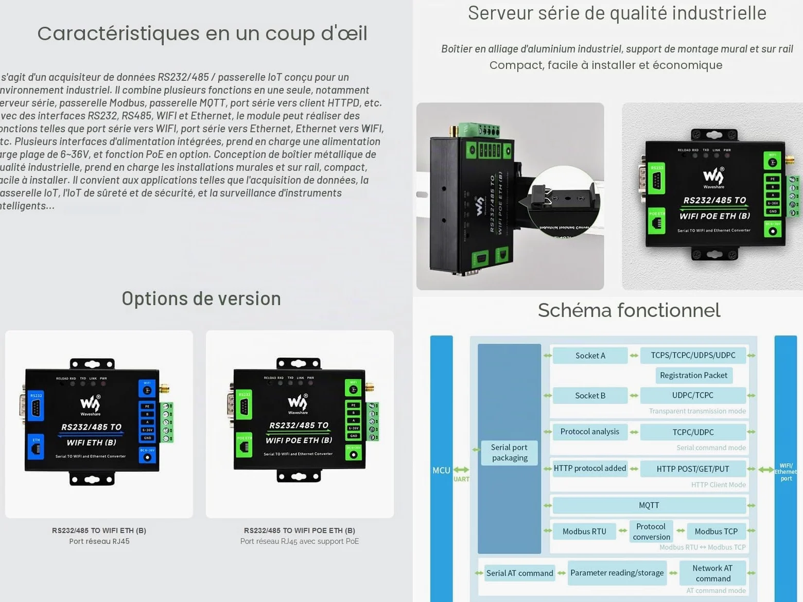 Serveur Série RS232/485 vers WiFi POE Ethernet Convertisseur, Modbus/MQTT Gateway, Support Série vers WiFi, Série vers Ethernet, Ethernet vers WiFi, etc. Alimentation DC 6~36V/PoE