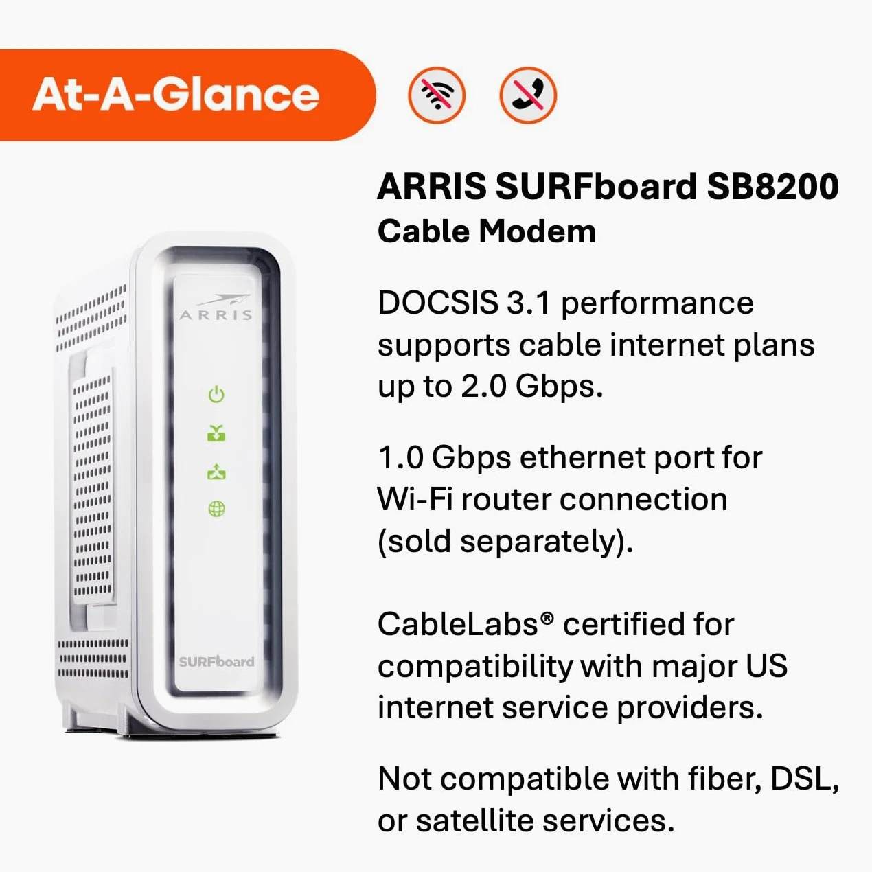ARRIS (SB8200) - Modem câble - DOCSIS 3.1 rapide, approuvé pour Comcast Xfinity, Cox, Charter Spectrum et plus | Vitesse Internet maximale de 1 Gbit/s, 4 canaux OFDM