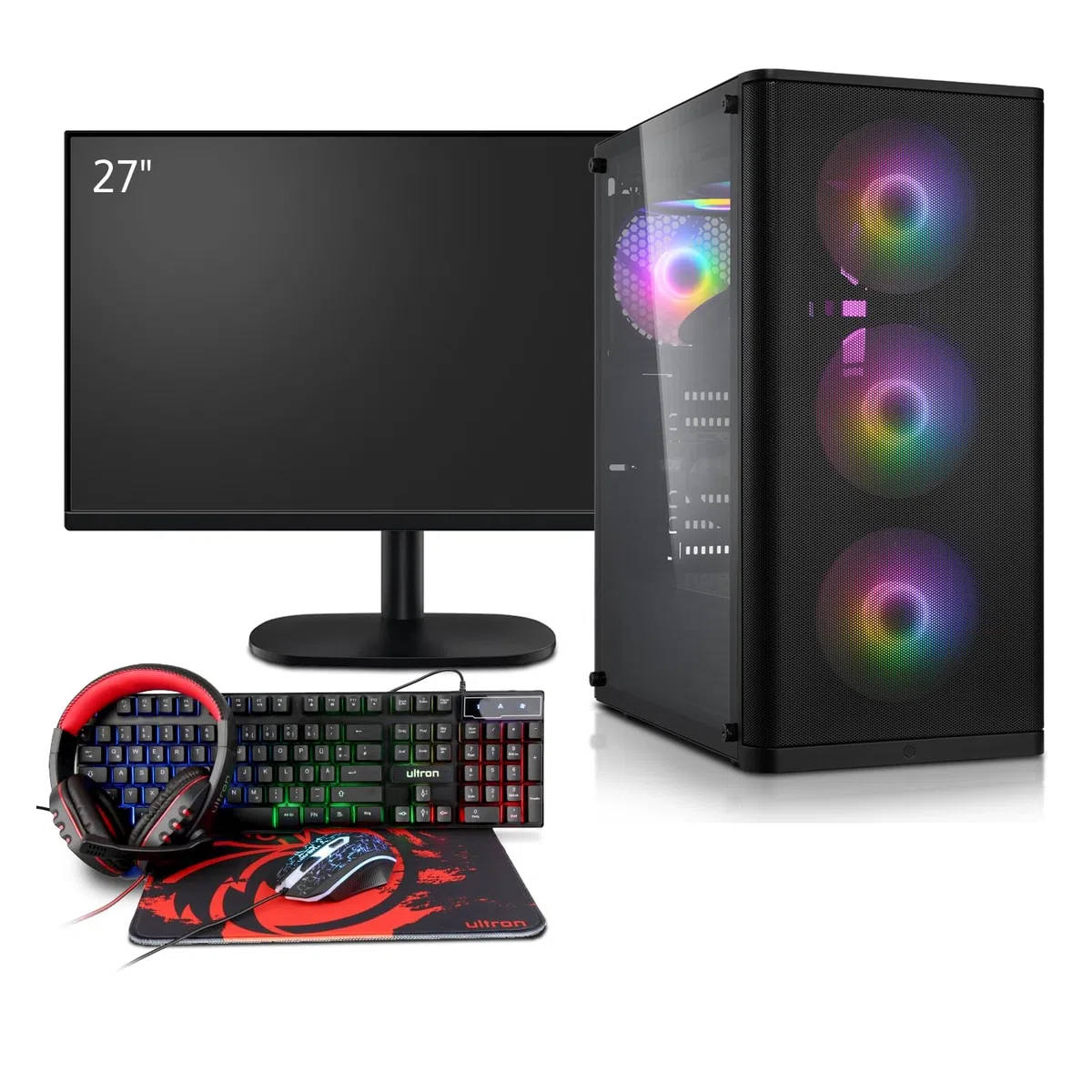 PC de jeu complet AMD 5700X, NVIDIA RTX 5060 8 Go, RAM DDR4 32 Go, SSD M.2 1 To, Windows 11 Pro, écran gamer 27" 100 Hz, casque, clavier, souris, Wi-Fi