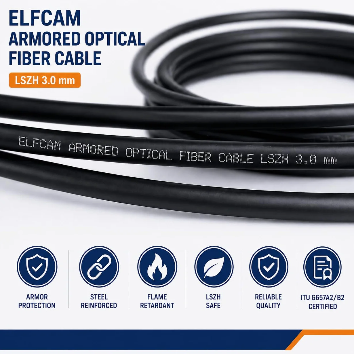 Elfcam® - Câble à Fibre Optique en Acier Blinde SC/APC à LC/APC OS2 Simplex Monomode LSZH, Noir (70M)