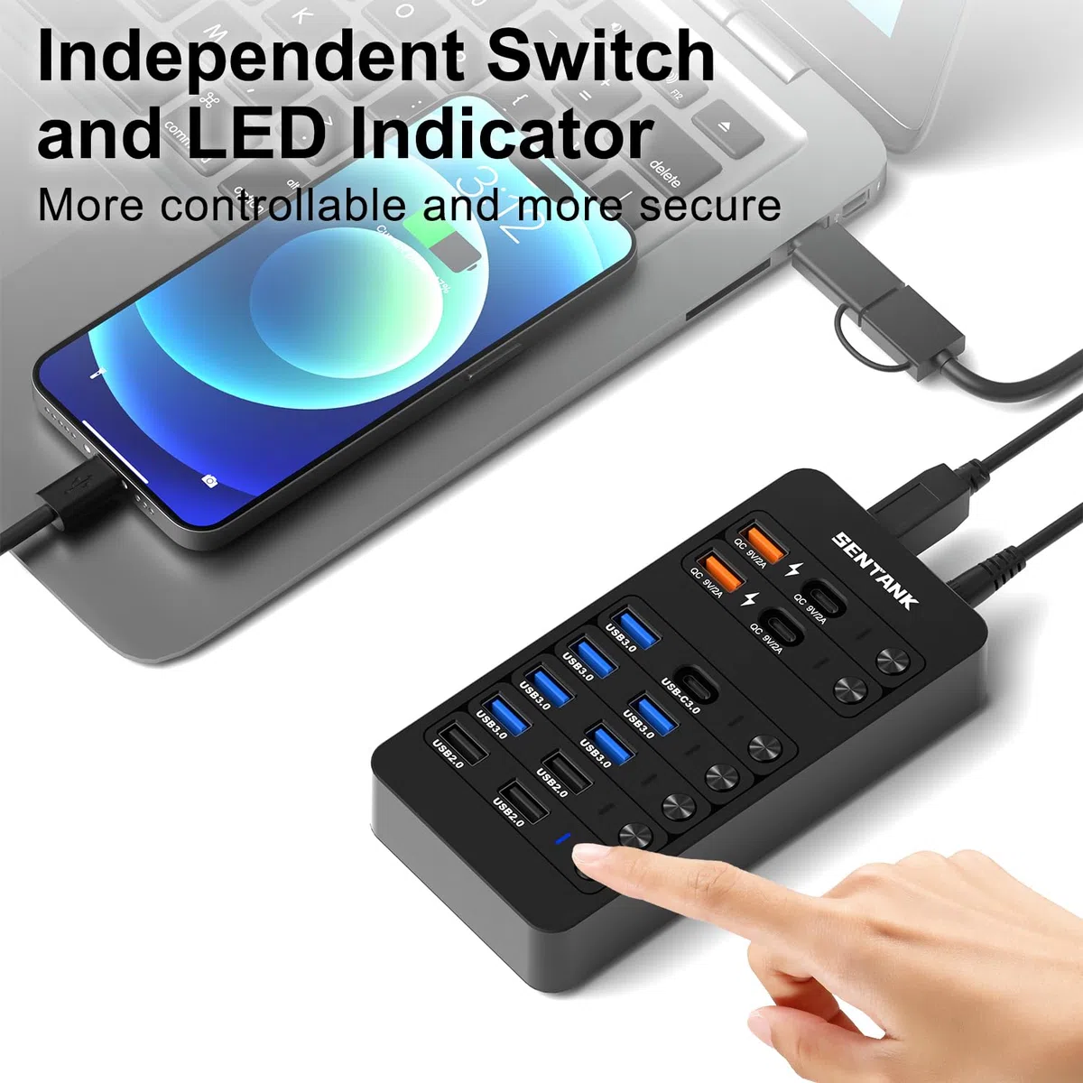 Hub USB 3.0 14 ports (6 ports USB 3.0 + 4 ports de charge rapide) avec interrupteur marche/arrêt LED indépendant, avec adaptateur d'alimentation 60 W pour Mac, PC