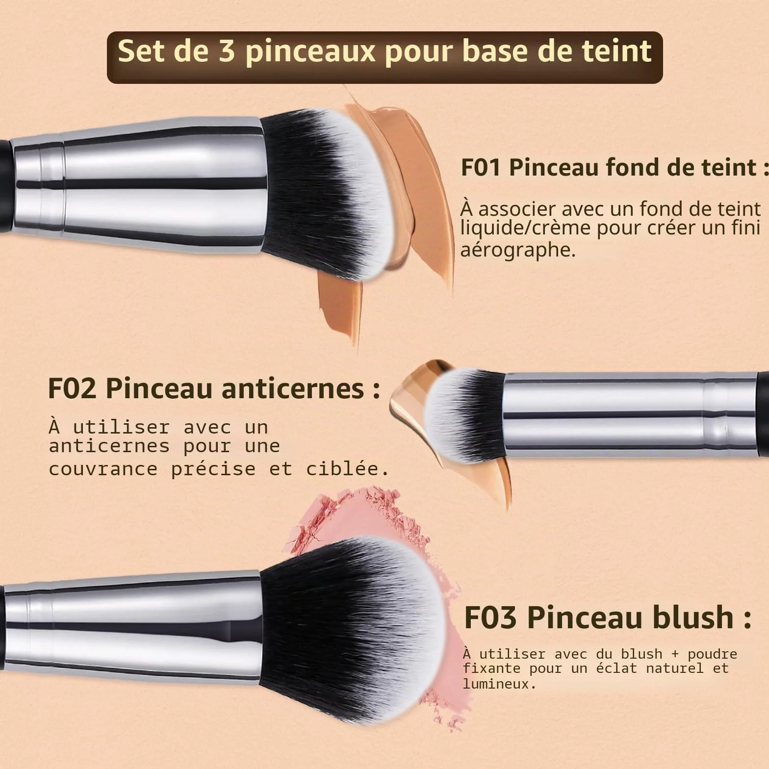 DUcare Lot de 3 pinceaux maquillage visage fond teint correcteur blush poils doux denses