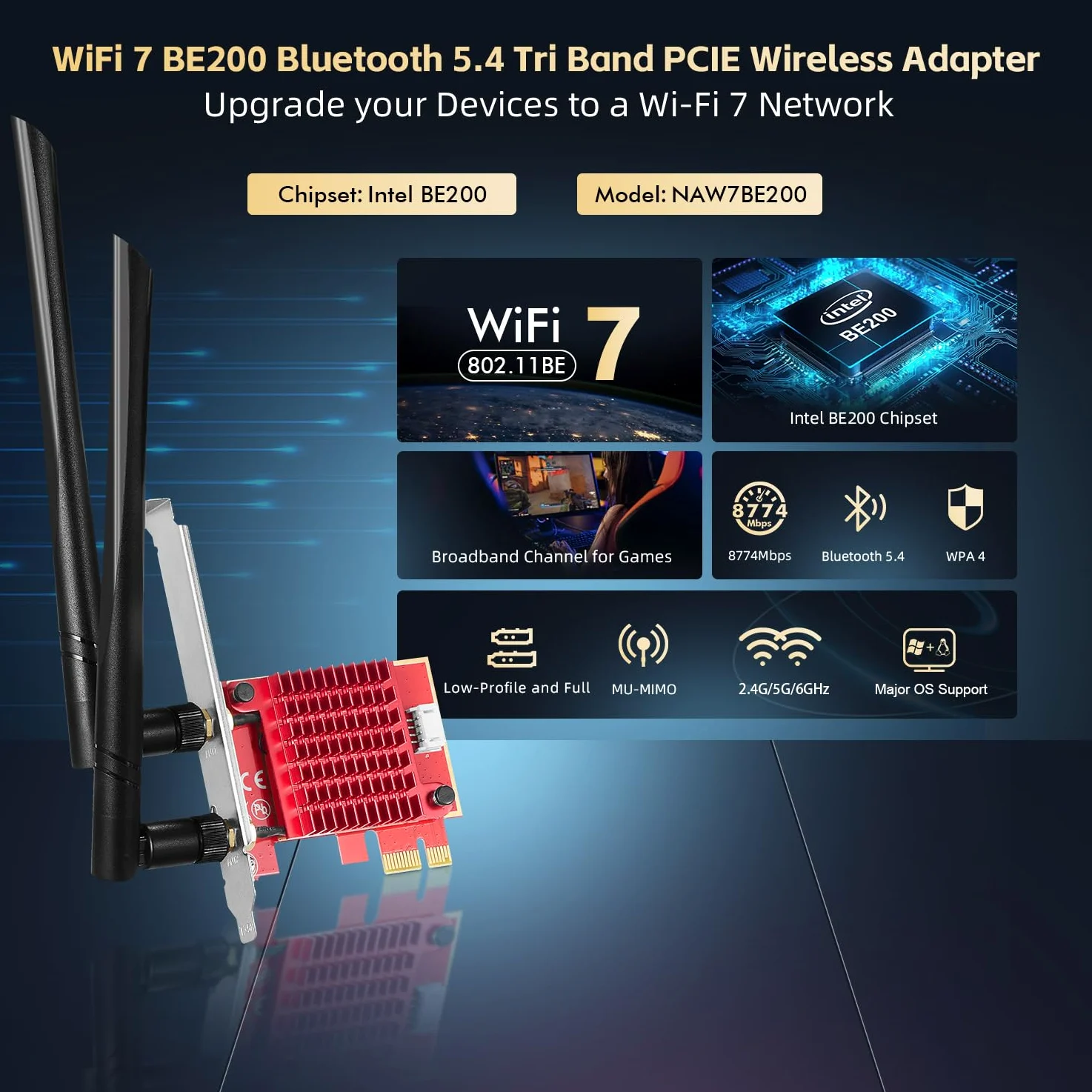 Binardat WiFi7 BE200 PCIe WiFi Network Adapter, Intel BE200NGW Bluetooth 5.4 Chip, 8774Mbps Tri-Band 2.4GHz/5GHz/6GHz OFDMA & MU-MIMO, pour Windows 10/11