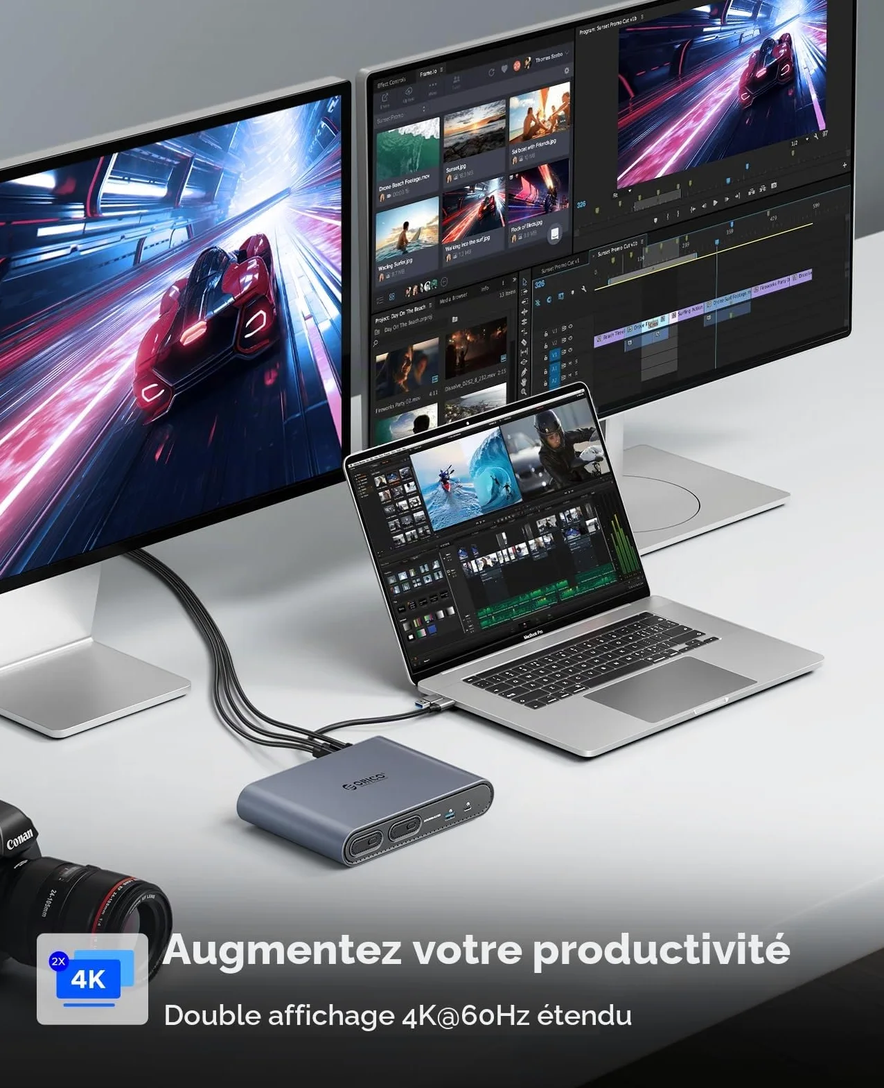 Station d'accueil ORICO 10-en-1 USB-C avec Double Boîtier SSD M.2 NVMe/SATA, USB 10Gbps, Double HDMI 4K@60Hz, PD 60W, RJ45 - pour MacBook Pro/Air (PTM2)