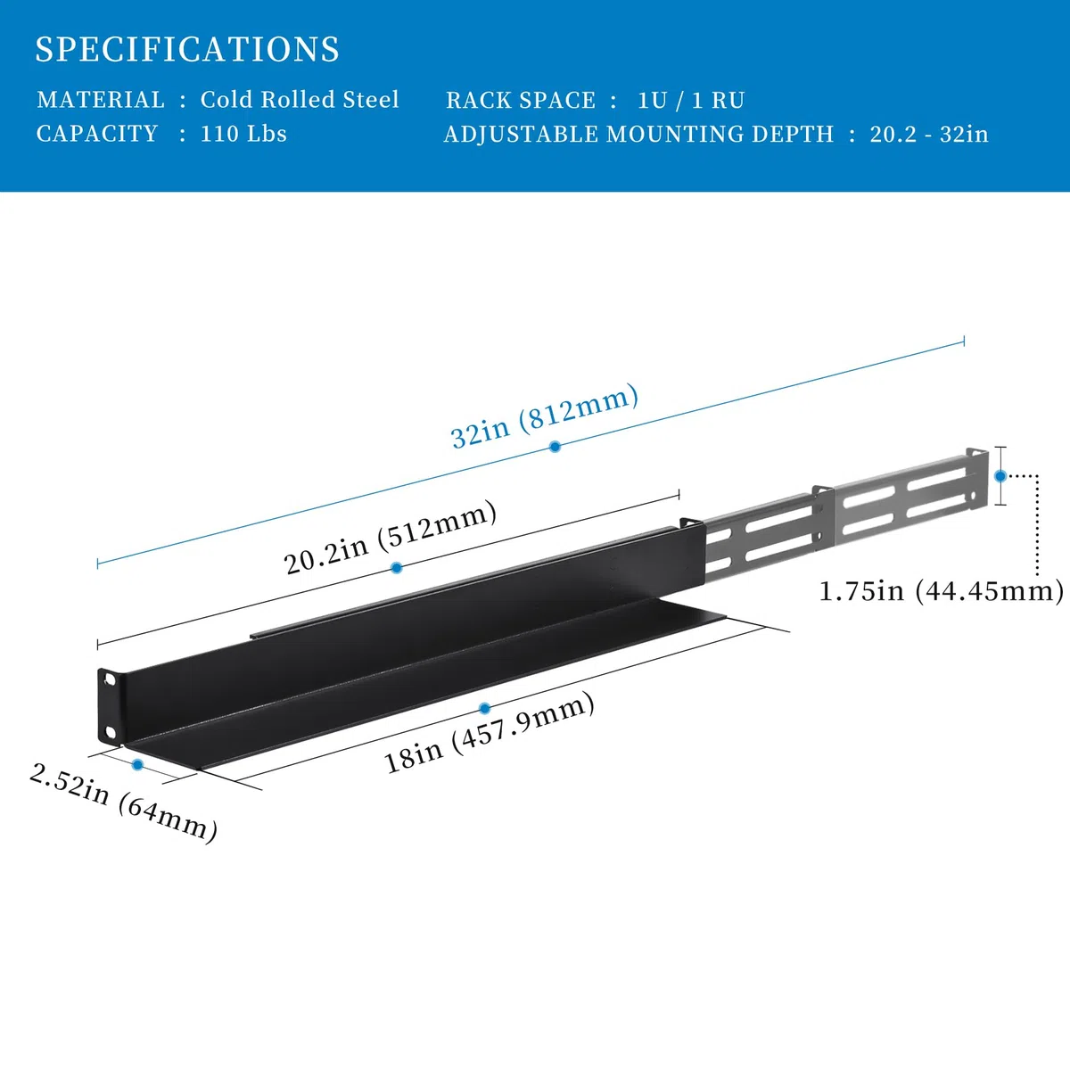 RackPath Rail de rack de serveur à 4 montants 1U, profondeur réglable de 50 à 81 cm, capacité de 50 kg