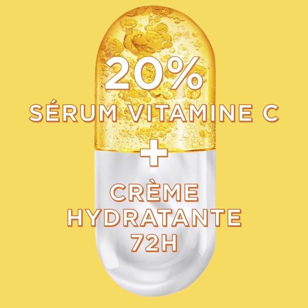 GARNIER Skin Active Sérum Crème Booster D'Éclat 2-En-1 Hydratation 72h FPS 25 Vitamine C 50 ml