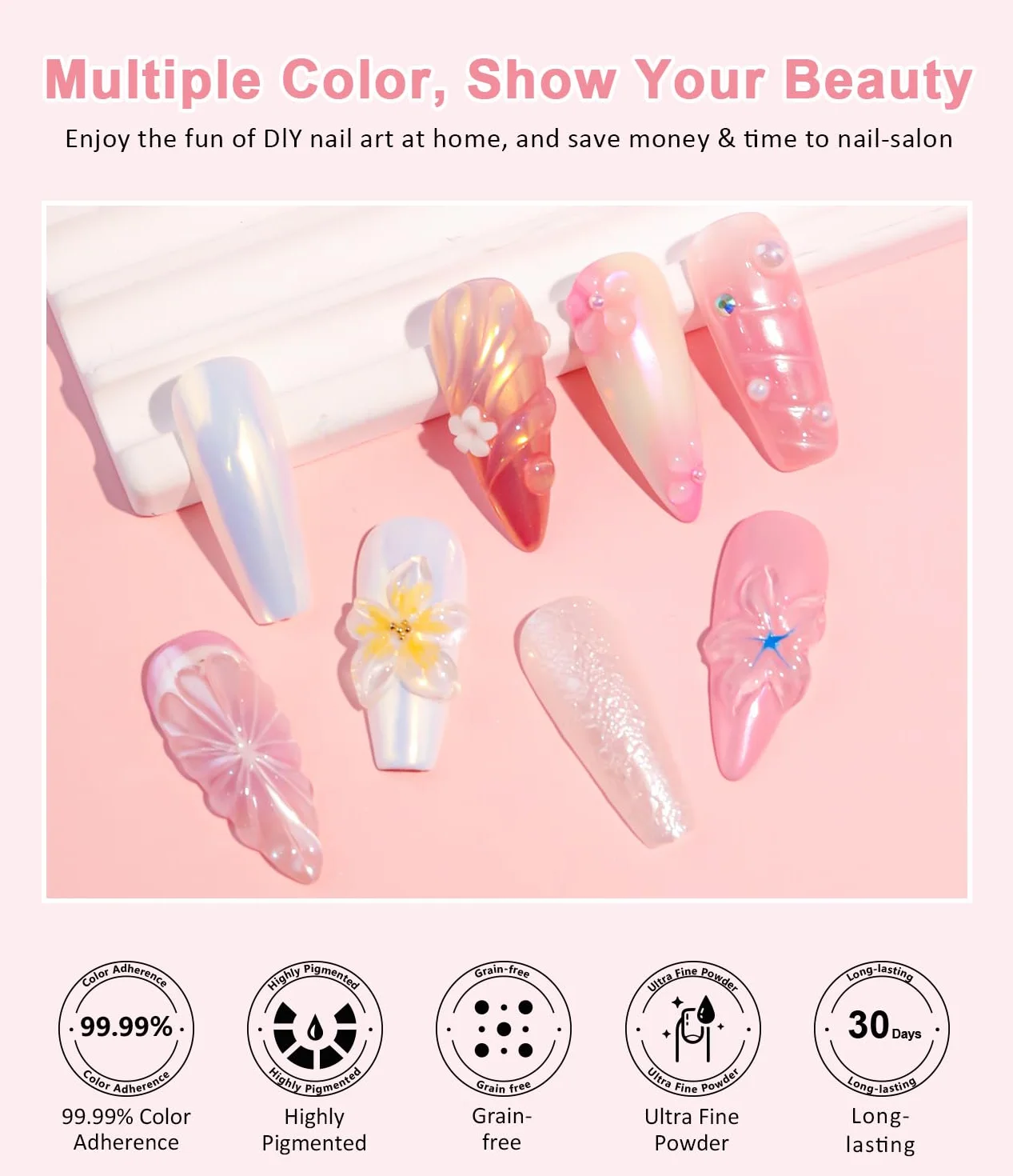 Poudre Chrome Ongle Nacrée Rose Effet Féerique Aurora Blanche Perle Chrome Ongle Effet Glace Transparente Paillettes Ongles Effet Miroir Nail Art DIY