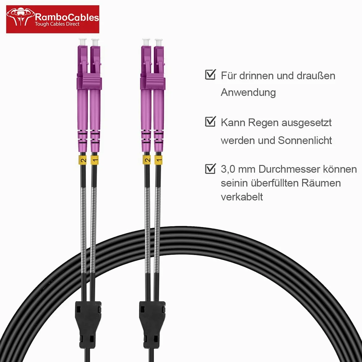 Câble fibre optique blindé OM4 LC vers LC duplex multimode 20 m - Pour l'intérieur et l'extérieur - 10 Go 50/125um LSZH OD 3,0 mm - Noir
