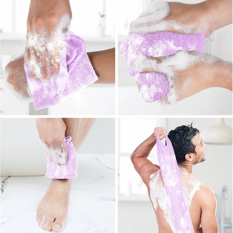 LOPHE Gant de Toilette Exfoliant Double Face avec Poignées Brosse Corps Extensible Nylon Séchage Rapide Violet
