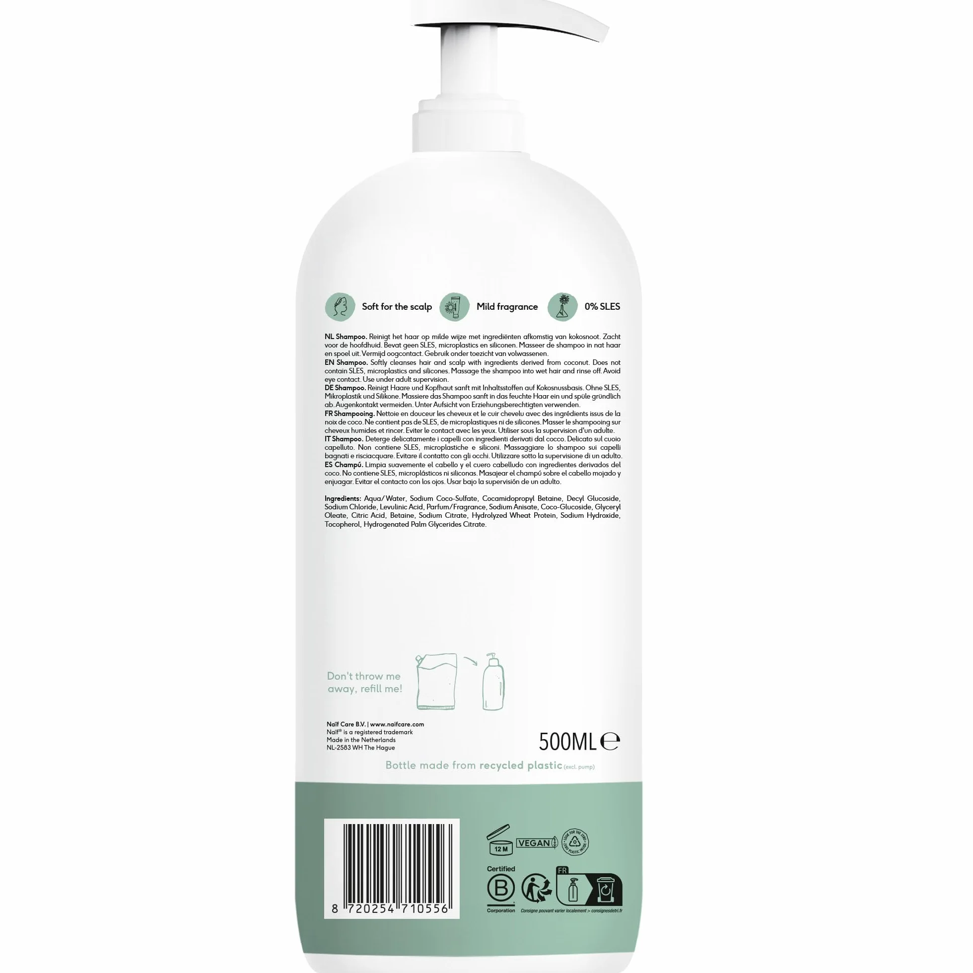 Naïf Shampoing Soin Bébé & Enfant 500 ml – Naturel, Vegan, Sans SLES, Sans Microplastiques