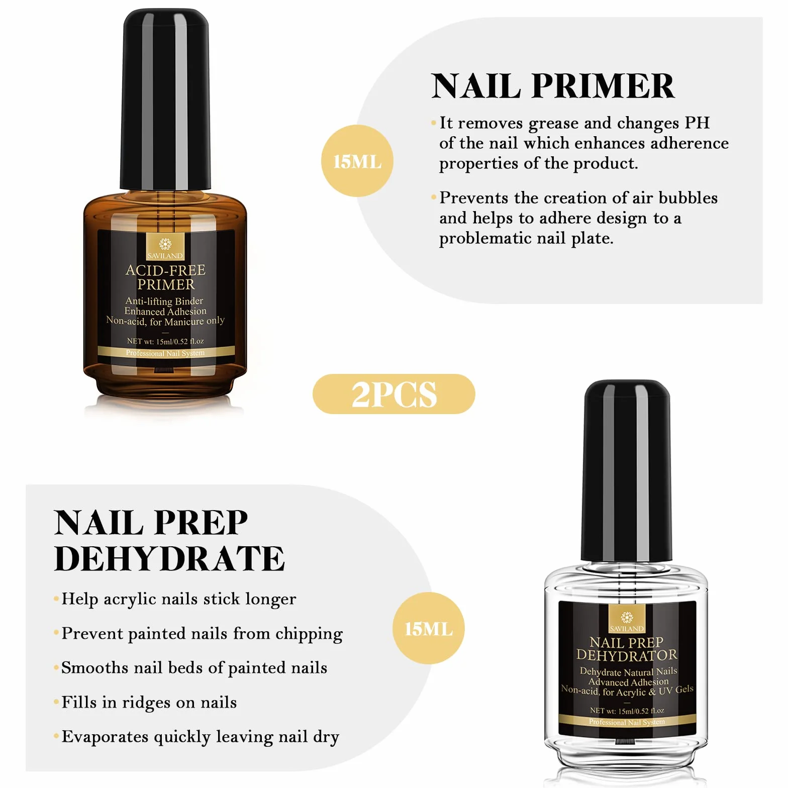 SAVILAND Primer Ongle Gel UV Kit: Nail Prep Primer Sans Acide Séchage Rapide Vernis Semi Permanent pour Acrylique Polygel Manucure