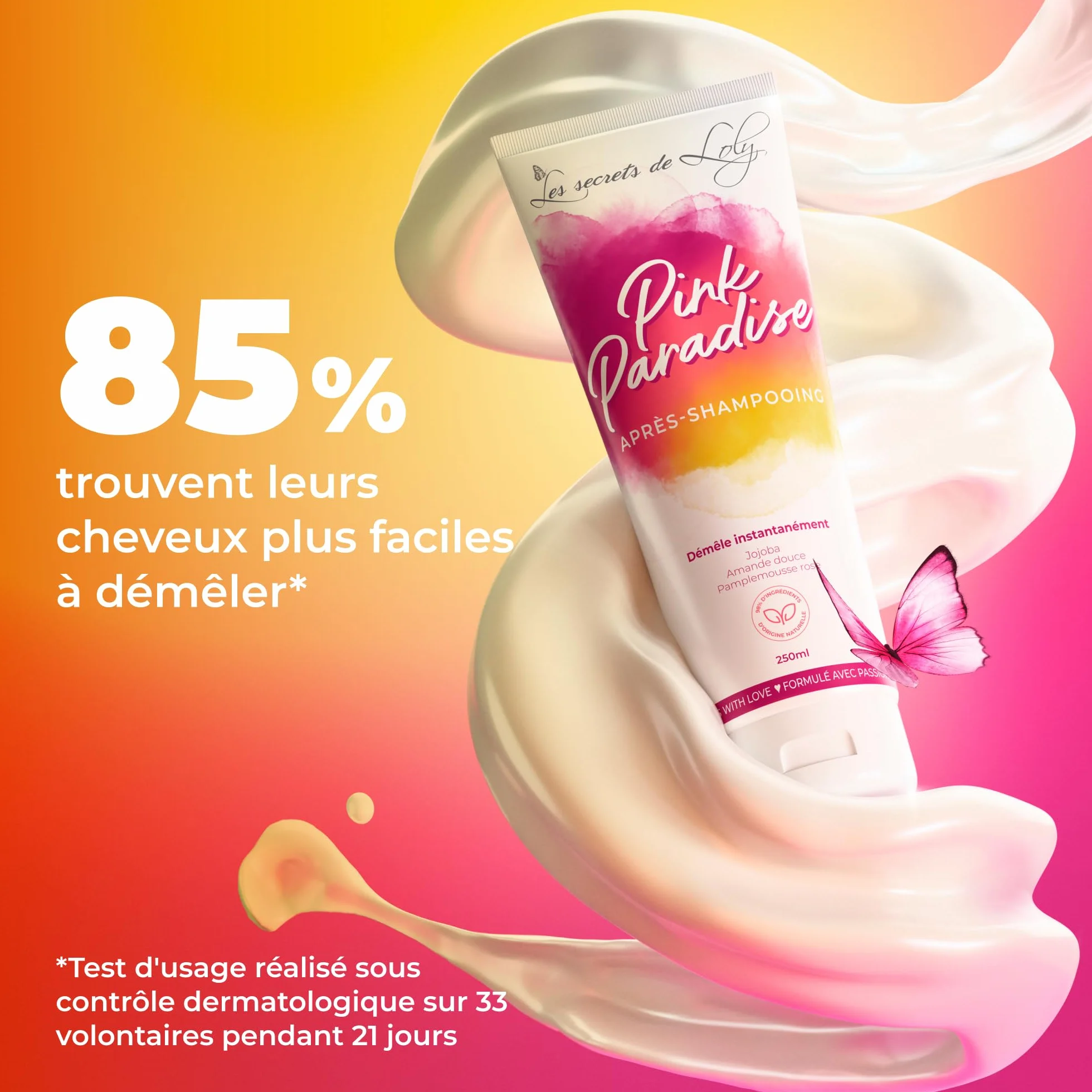 Les Secrets de Loly Après-shampooing ultra démêlant Pink Paradise 250 ml Fortifie & adoucit Cheveux ondulés bouclés frisés crépus 98% d'origine naturelle