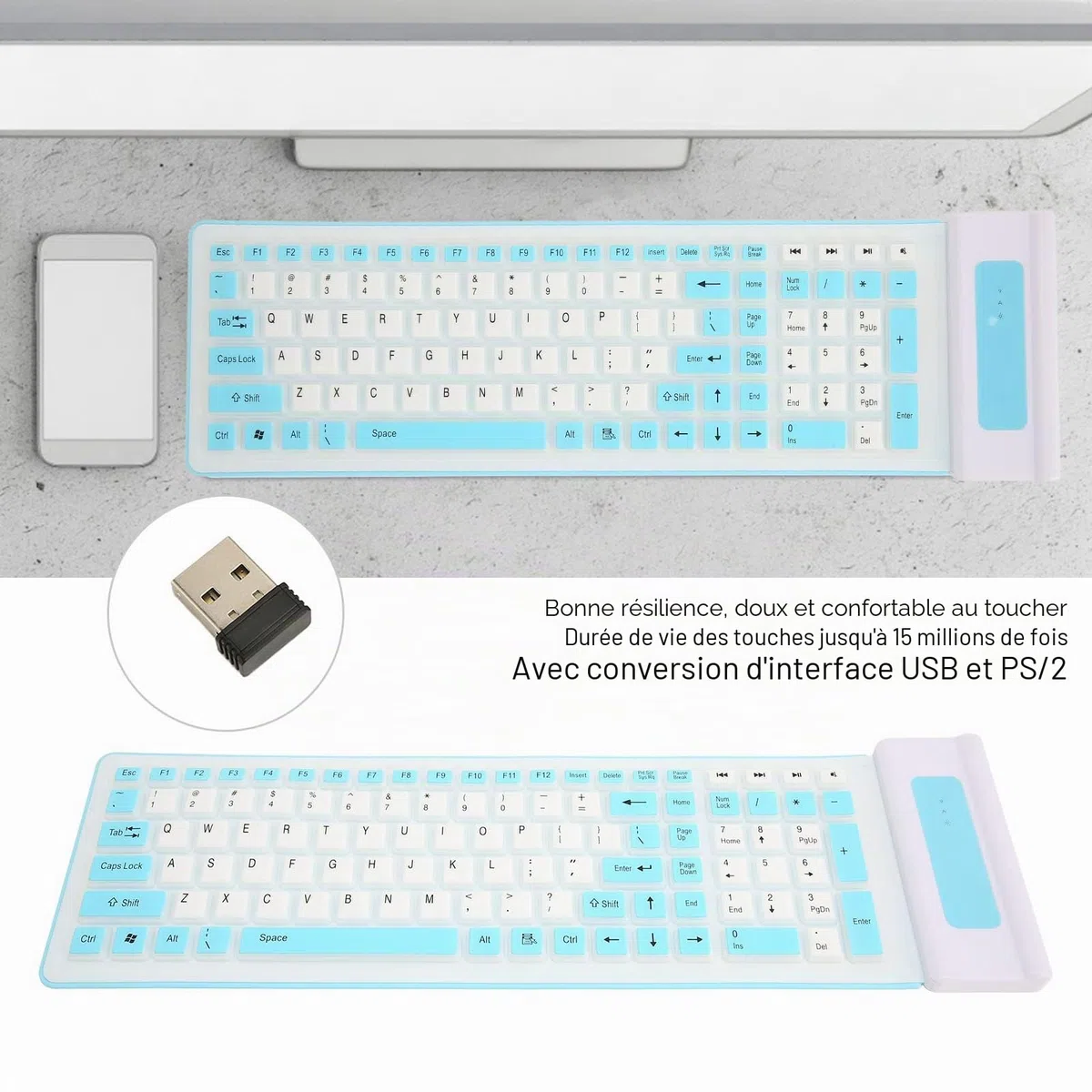 Clavier en Silicone, sans Fil USB 2,4 G, Pliable, Étanche, Flexible 103 Touches, D'Ordinateur Portable