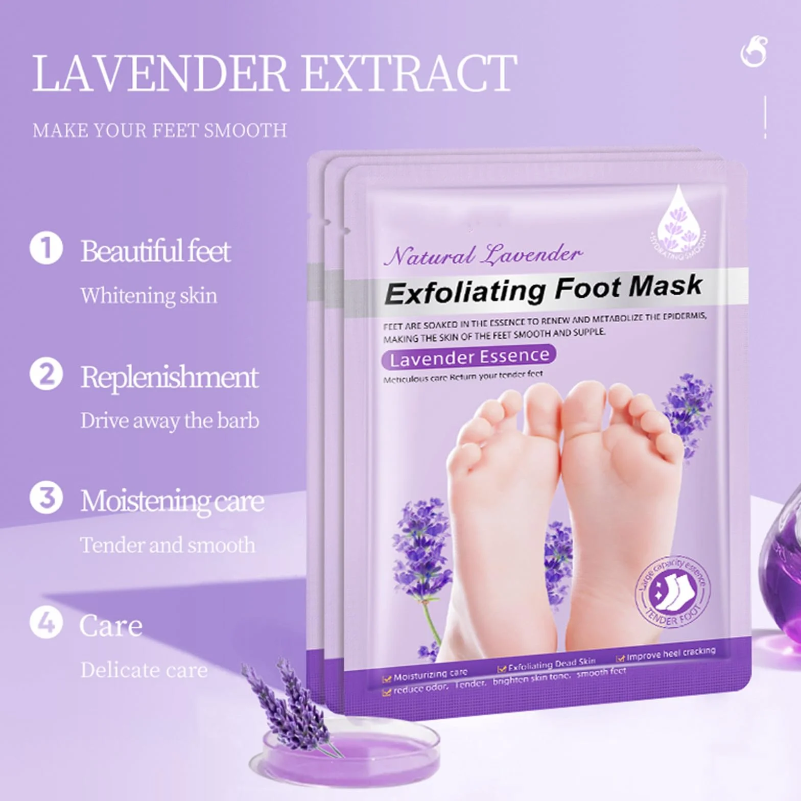 Masque Pied Hydratant Exfoliant Nourrissant 4 Paires Aloe Vera Lavande Soin Callosités Crevasses Pieds Secs