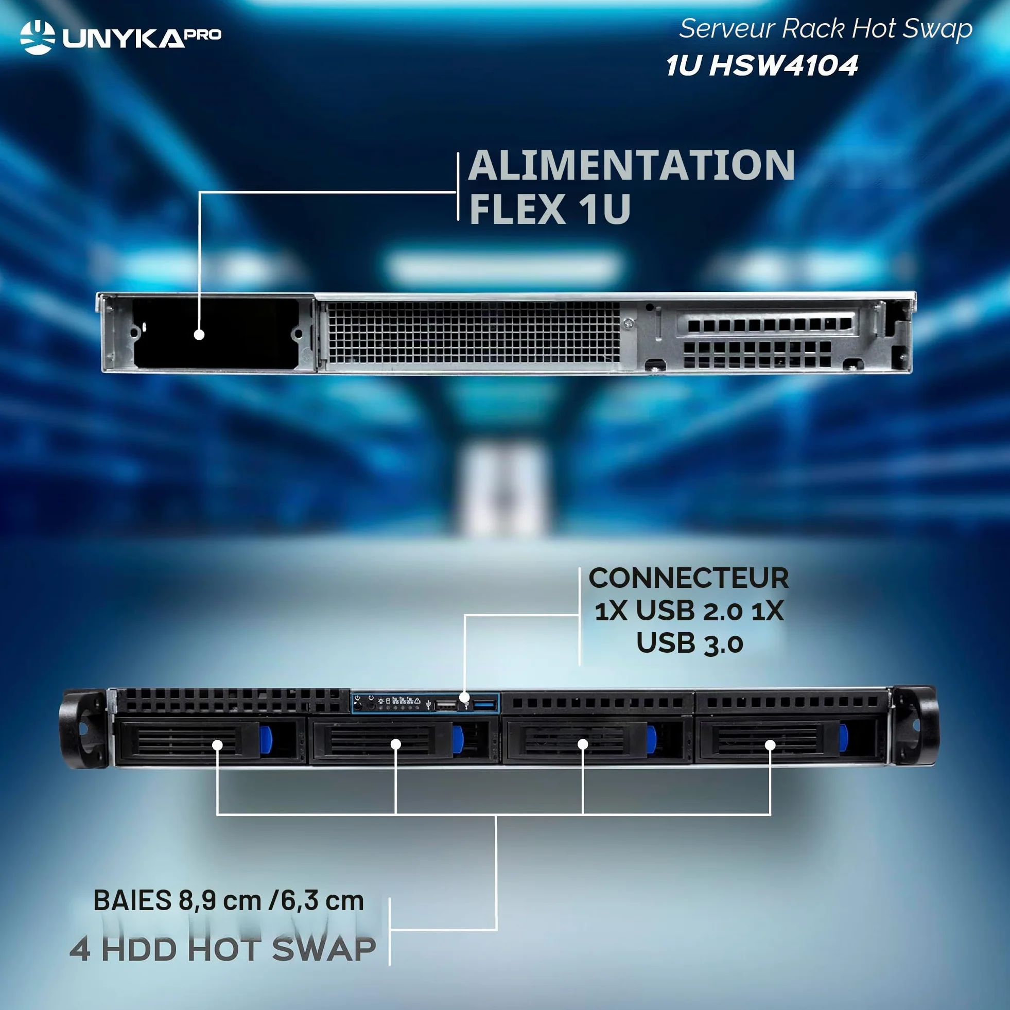 UNYKAch 1U HSW4104 Serveur Rack, Caisse Rack, Hot Swap