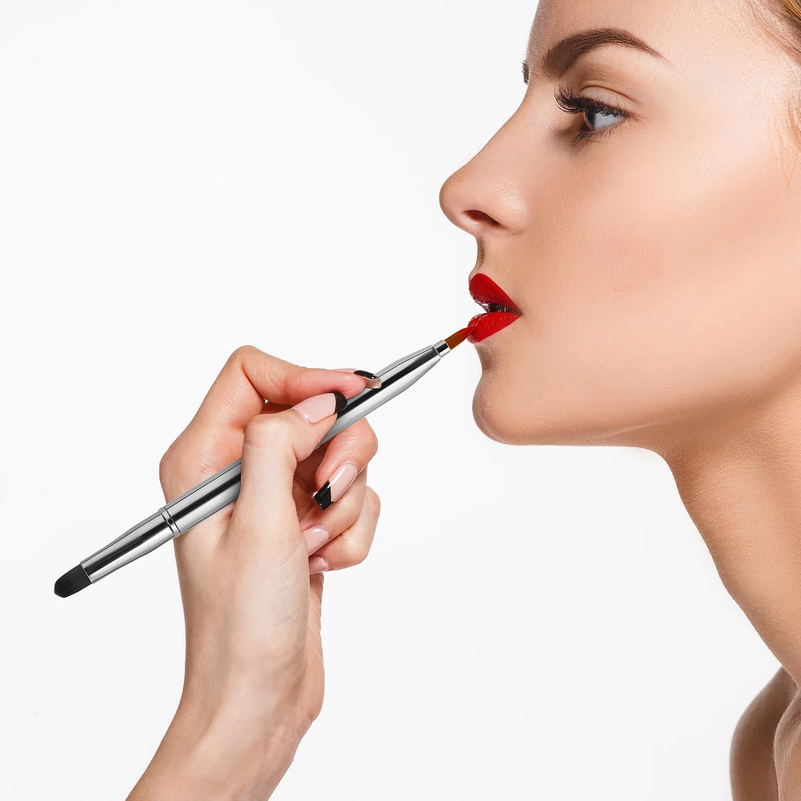Pinceau de maquillage rétractable double extrémité portable pour rouge à lèvres, anti-cernes, contour des lèvres (argent)