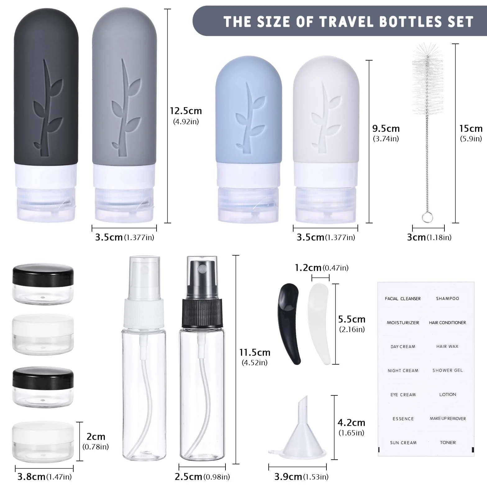 Flacons Voyage Silicone 16 Pièces Kit Récipients Shampoing Lotion Cosmétiques Avion Cabine Noir