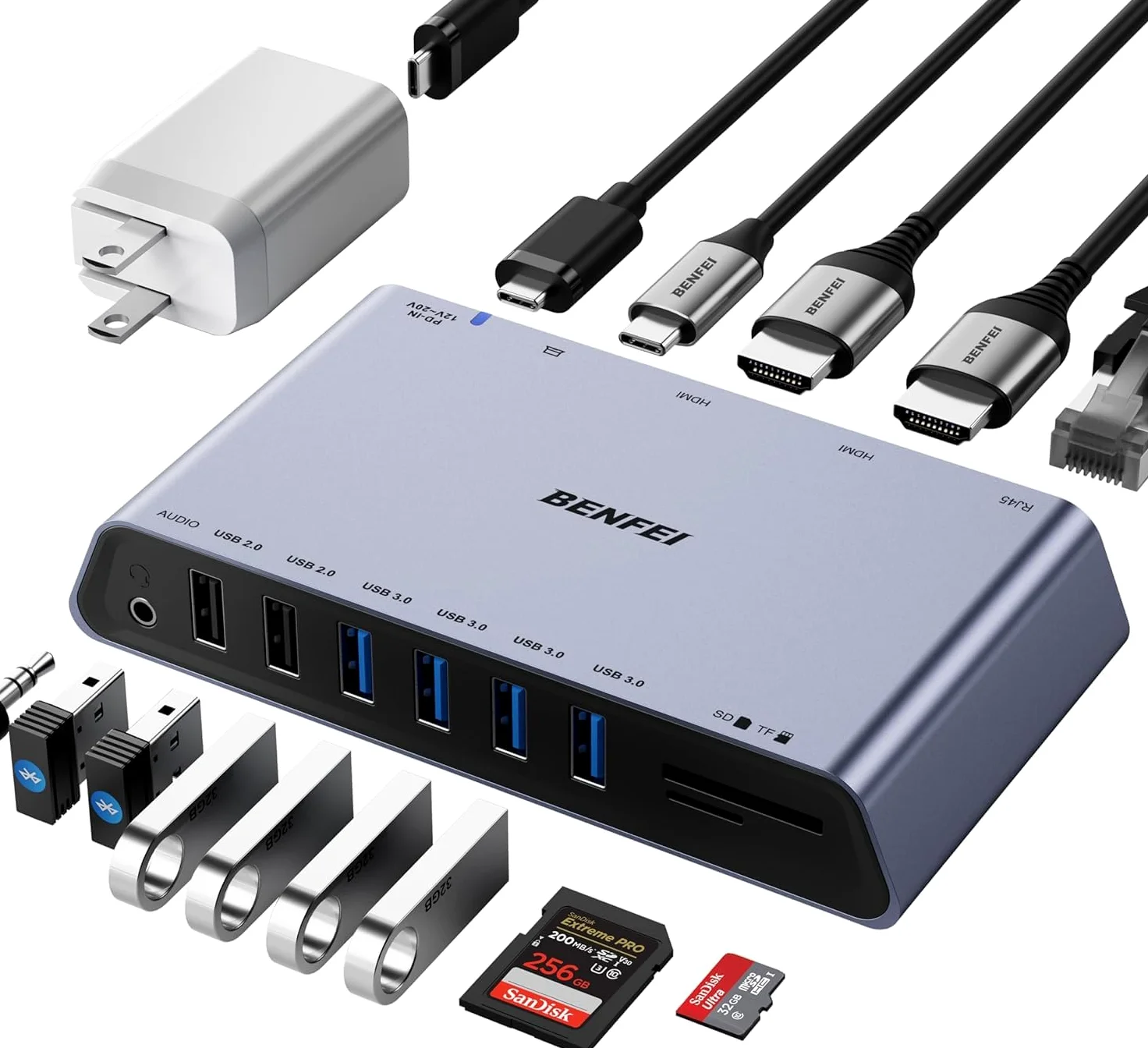 BENFEI DisplayLink Station d'accueil universelle USB 3.0 12 en 1 avec double affichage HDMI/6 ports USB/lecteur de cartes SD/TF/réseau Gigabit Ethernet/prise casque femelle 3,5