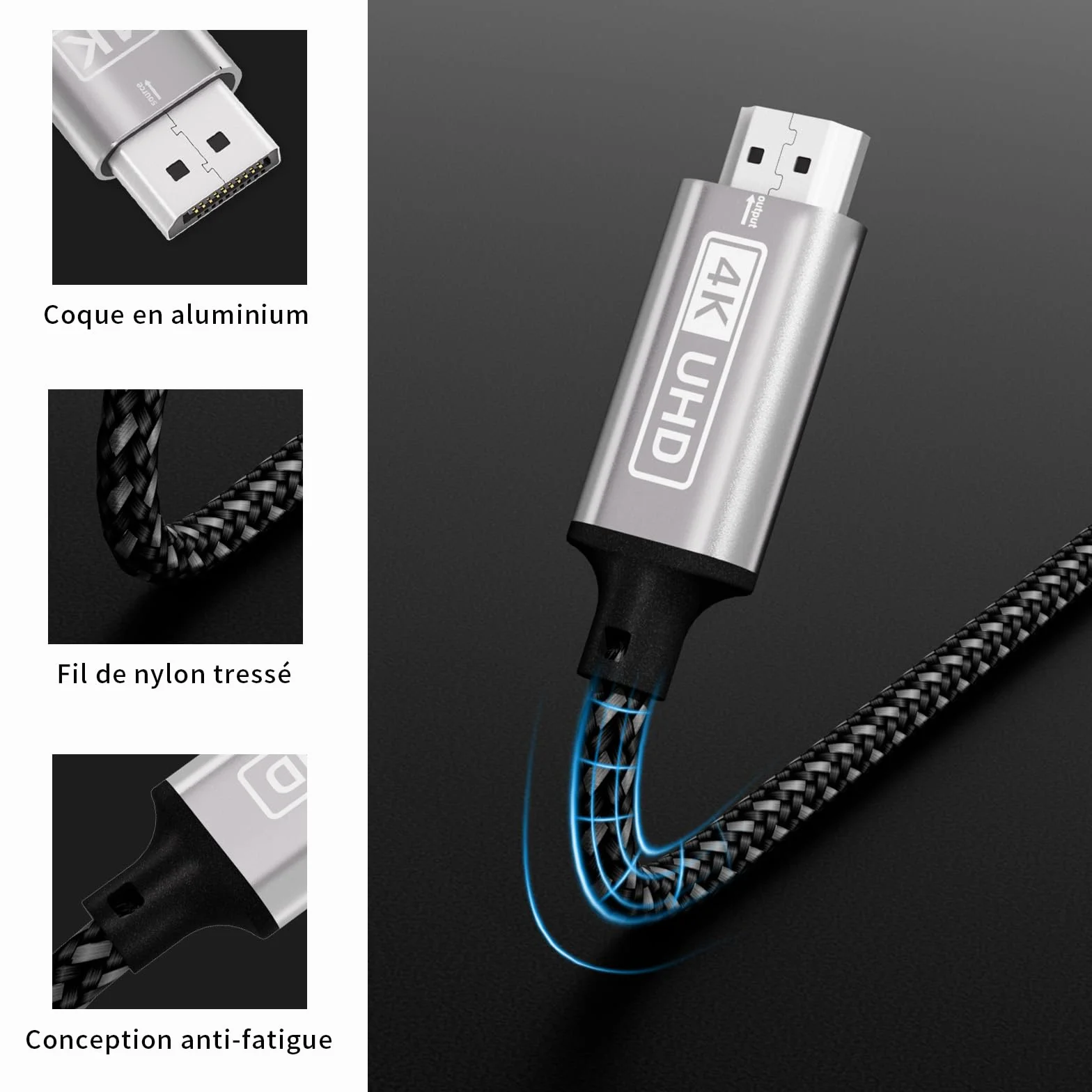 Câble DisplayPort vers HDMI 4K 2M tressé Nylon unidirectionnel pour PC, Dell, HDTV, projecteur