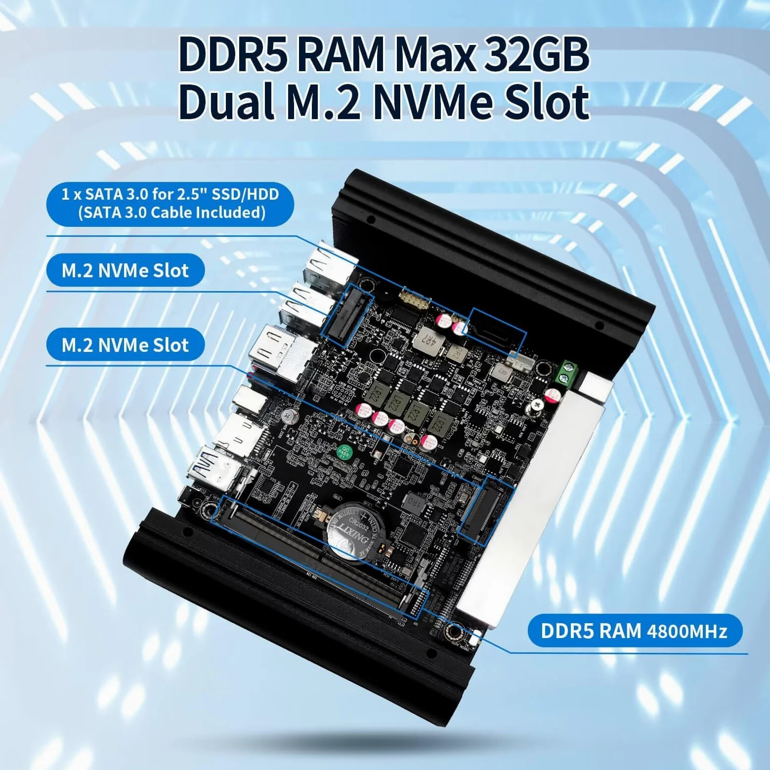 N150 Mini PC Firewall (N100 Upgrade), 6 x 2.5 GoE i226V LAN Fanless OPNsense Router Computer, DDR5 8 Go RAM 128 Go NVMe SSD, AES-NI, 2HD + USB-C 3 Display, 2 x M.2 NVMe Slot
