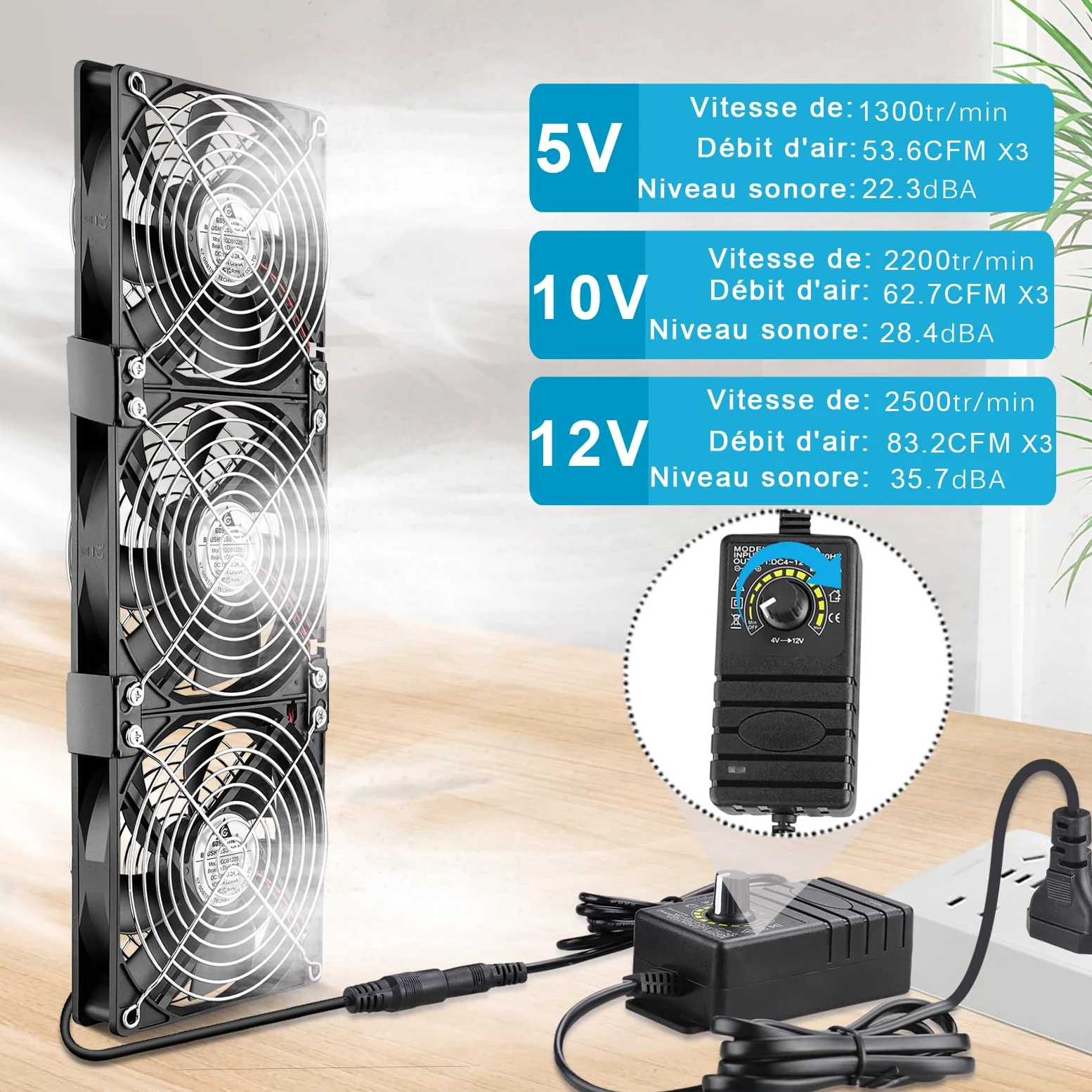 GDSTIME 3x 120mm Ventilateur 220V 360mm Fan à roulement à billes Réglable | Ventilateur pc 360mm 220v fan 3x 120mm Ventilateur pc 230v Contrôleur de Vitesse Réglable pour Meuble Serveur Convertisseur