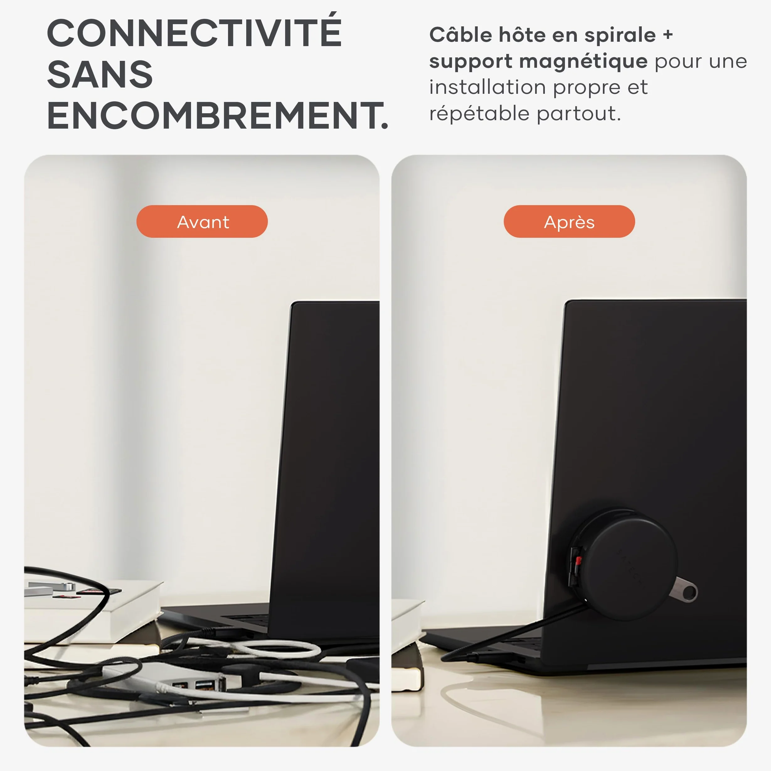 SATECHI 7 en 1 OntheGo Hub USB-C Magnétique, 100W PD, 4K HDMI, Noir | Câble enroulable intégré, fixation magnétique, 4K@60Hz, Ethernet, 2x USB-A 5Gbps, SD/microSD, pour Mac, Windows et plus